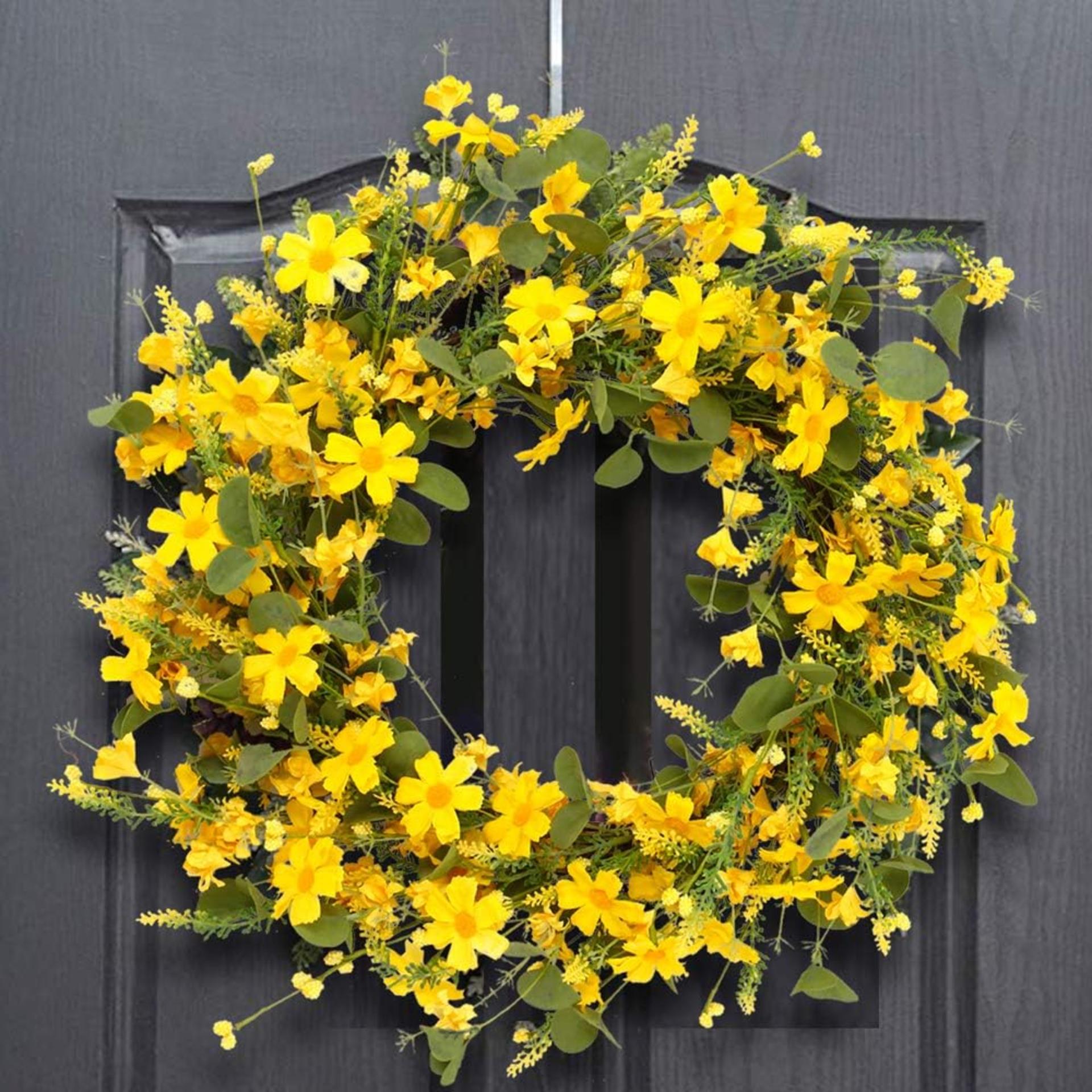 22 Inch Artificial Spring Wreath with Yellow Daisies and Lavender for Front Door Home Decor - 5