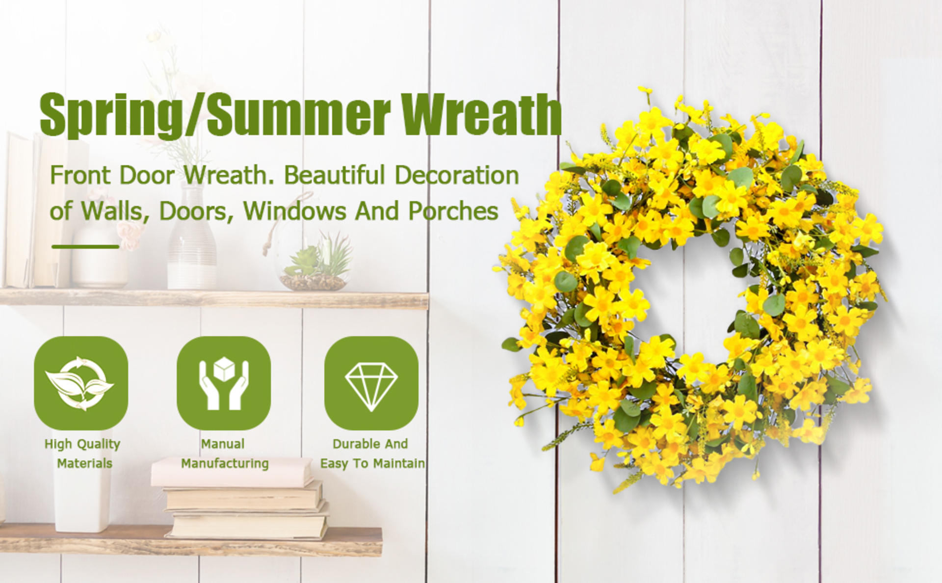 22 Inch Artificial Spring Wreath with Yellow Daisies and Lavender for Front Door Home Decor detail 2