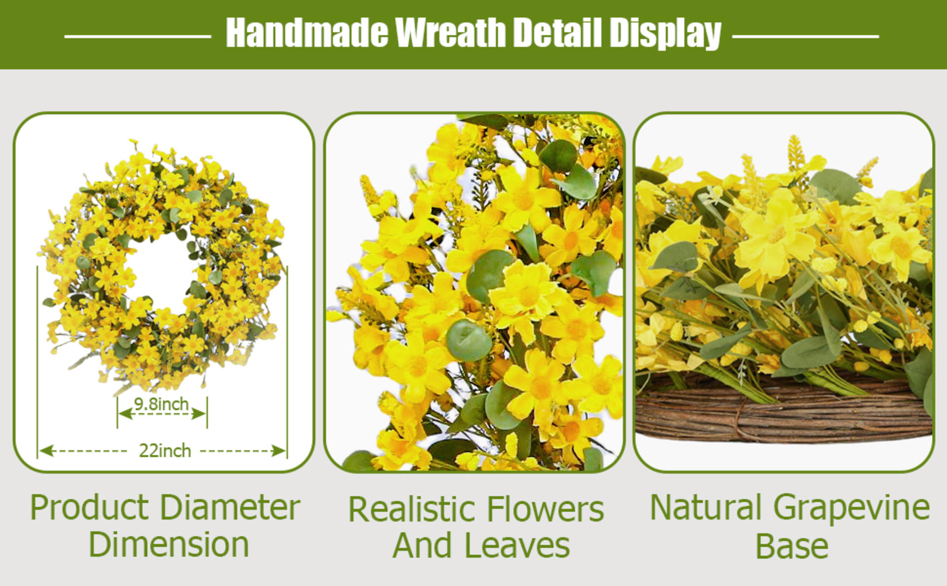 22 Inch Artificial Spring Wreath with Yellow Daisies and Lavender for Front Door Home Decor detail 3