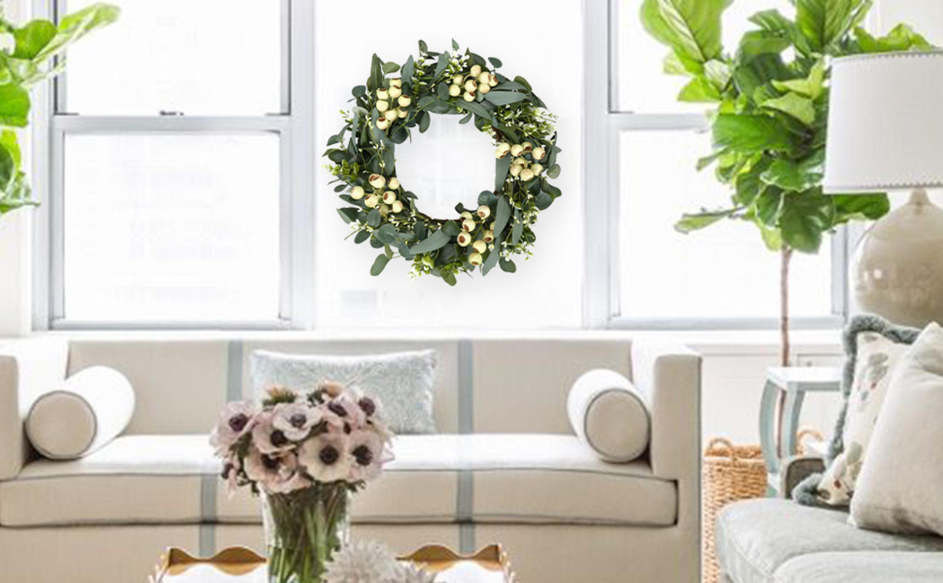 20 Inch Artificial Eucalyptus Wreath with Berries for Front Door All Seasons Home Decor detail 2