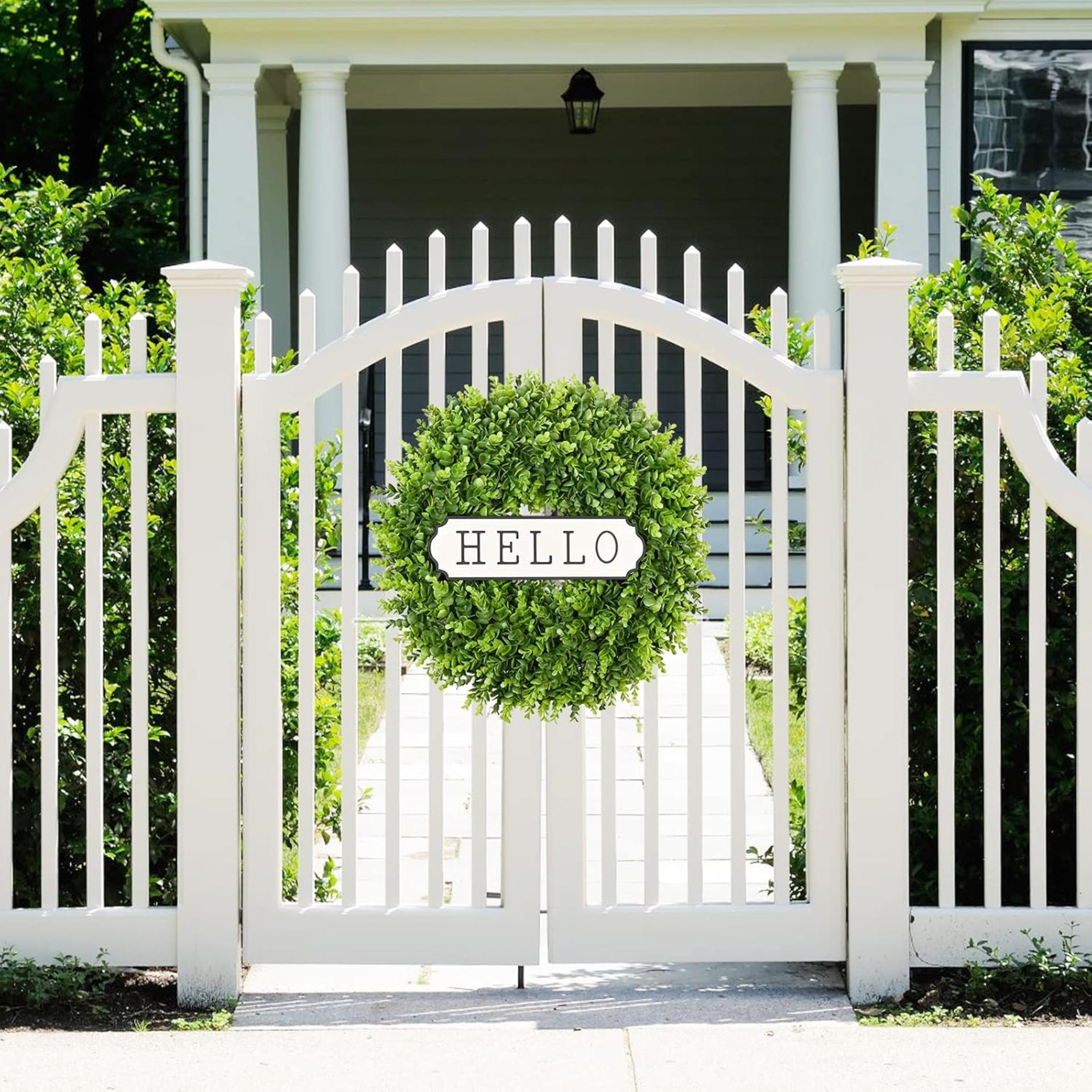20'' Artificial Boxwood Wreath for Front Door - Year Round Greenery with Hello Sign - 8