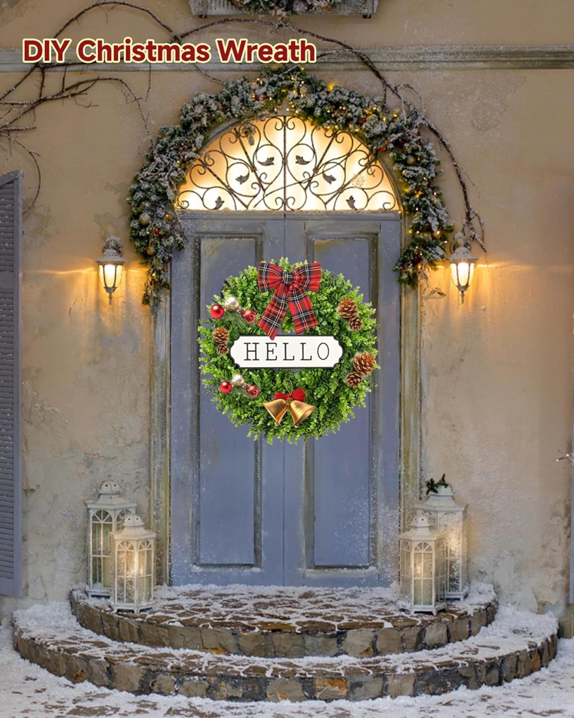20'' Artificial Boxwood Wreath for Front Door - Year Round Greenery with Hello Sign - 9