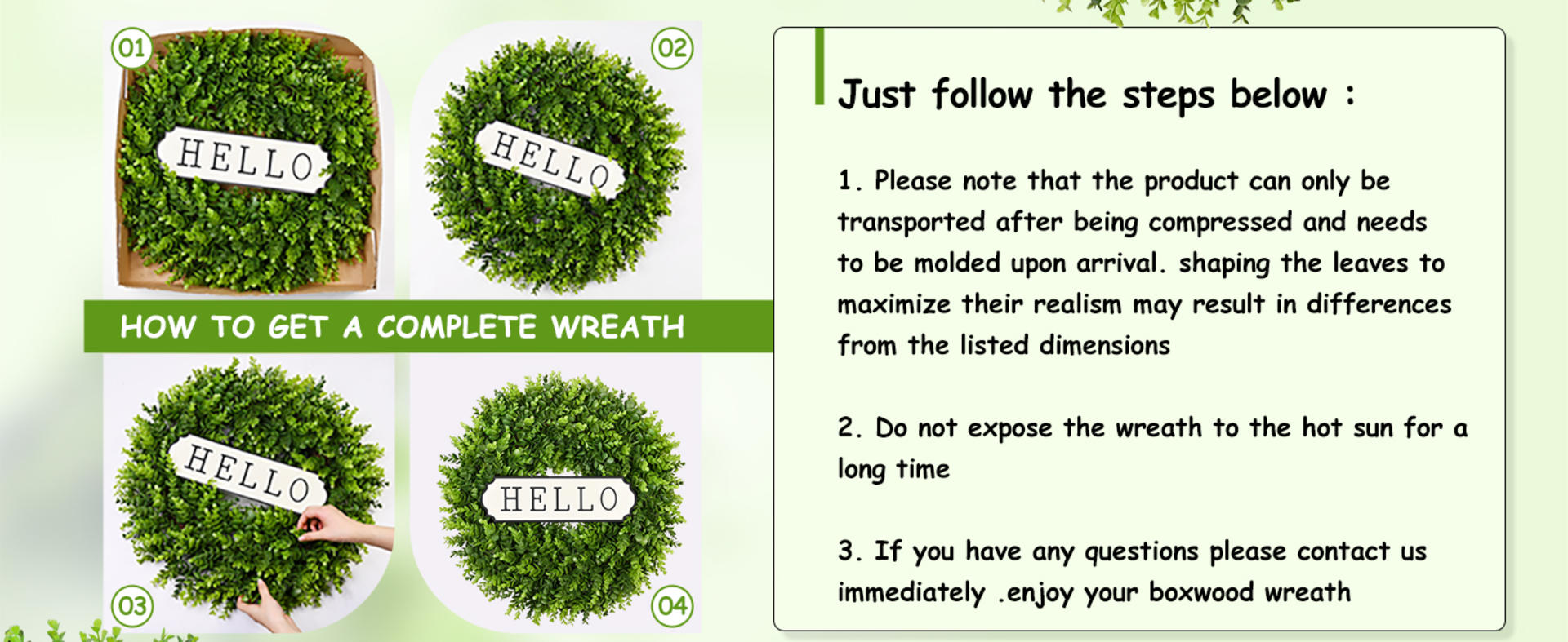 20'' Artificial Boxwood Wreath for Front Door - Year Round Greenery with Hello Sign detail 4