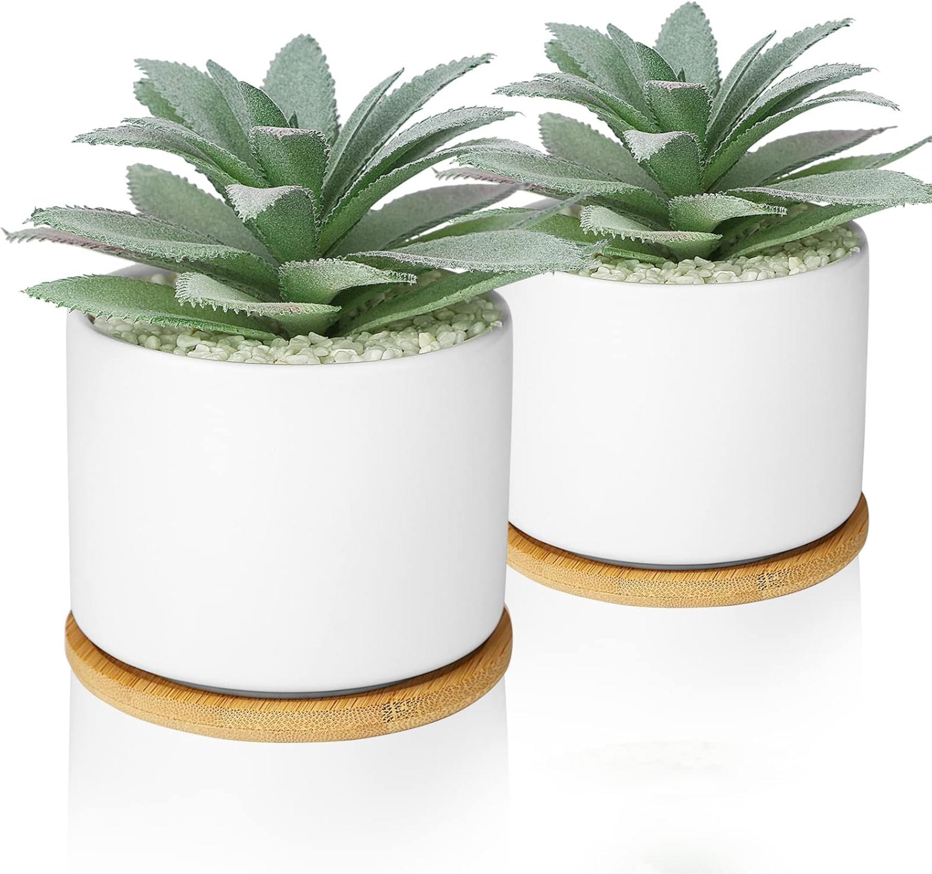 Set of 2 Artificial Agave Succulents in Ceramic Pots with Bamboo Trays, Lifelike Faux Potted Plants - 1