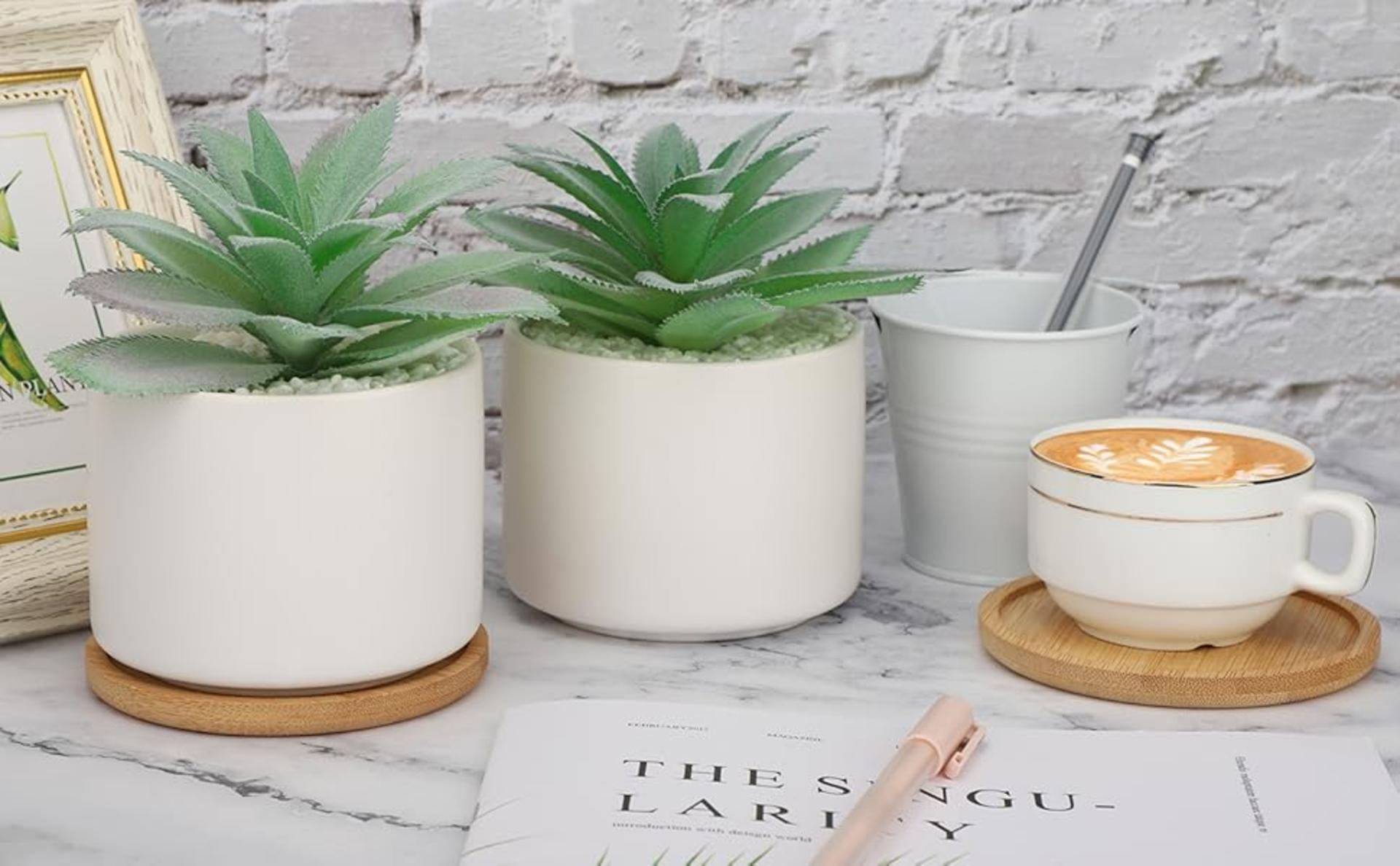 Set of 2 Artificial Agave Succulents in Ceramic Pots with Bamboo Trays, Lifelike Faux Potted Plants detail 2