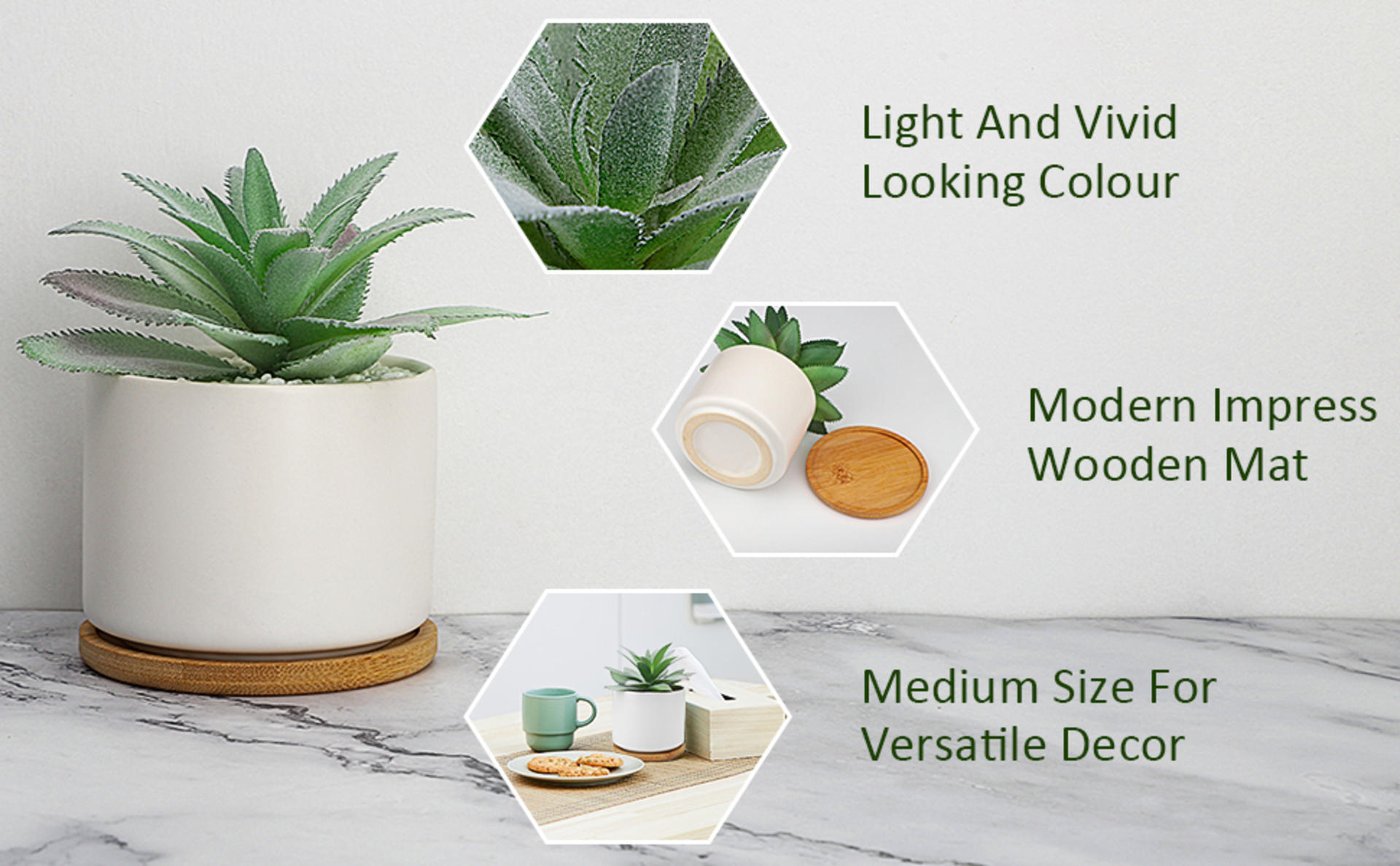 Set of 2 Artificial Agave Succulents in Ceramic Pots with Bamboo Trays, Lifelike Faux Potted Plants detail 4