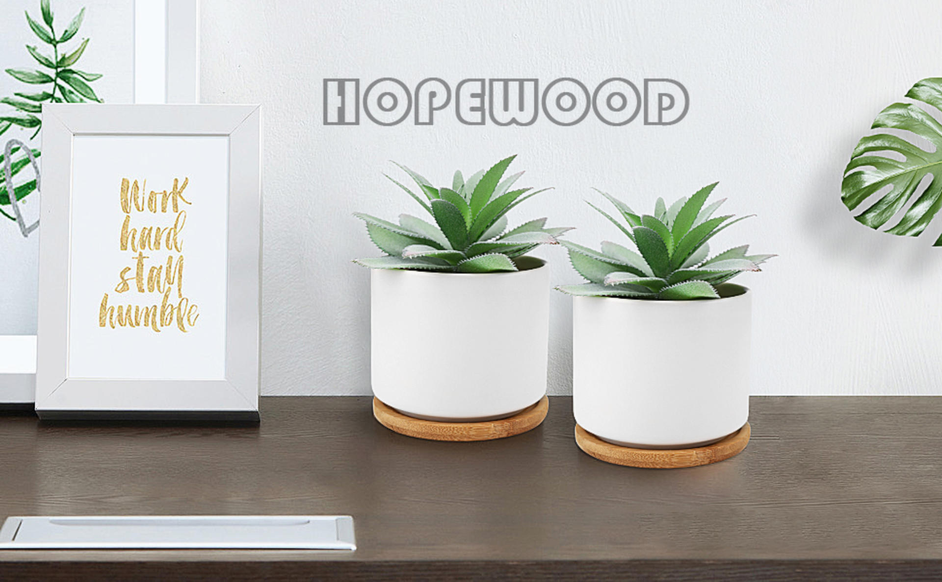 Set of 2 Artificial Agave Succulents in Ceramic Pots with Bamboo Trays, Lifelike Faux Potted Plants detail 9