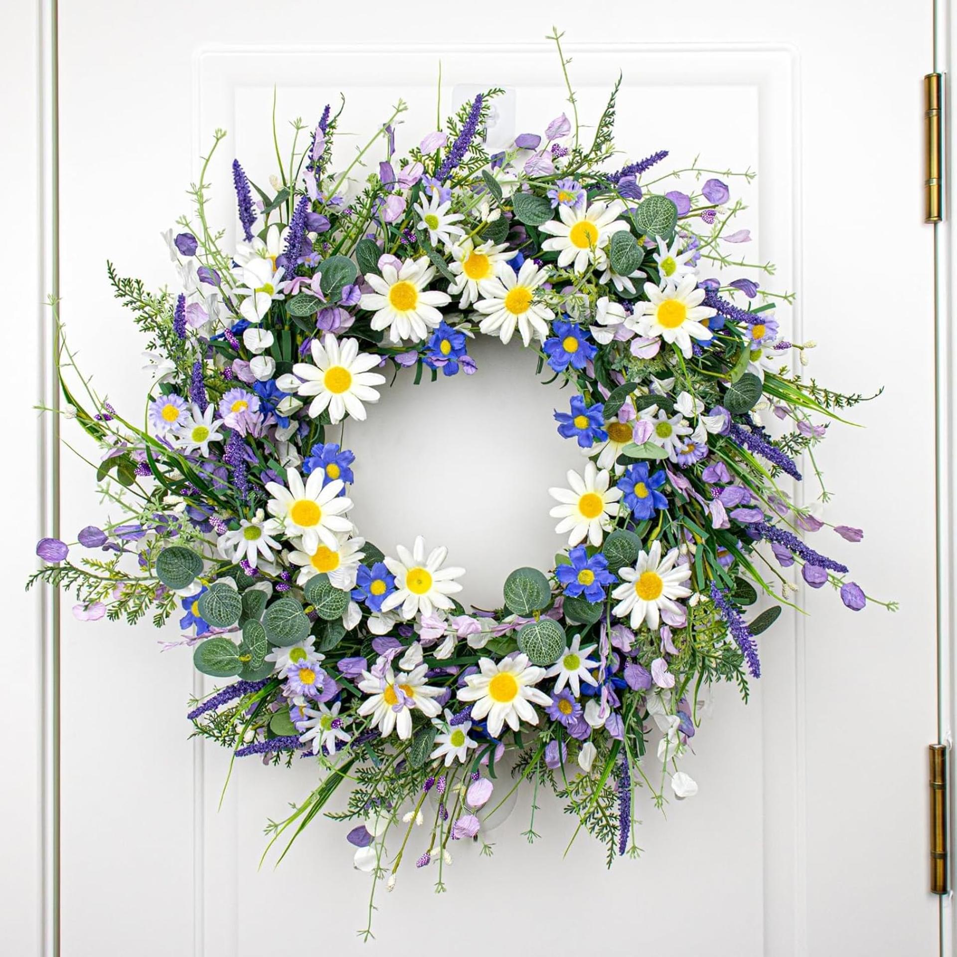 24-Inch Spring Wreath for Front Door - Blue and White Summer Floral Wreath with Wildflowers - 2