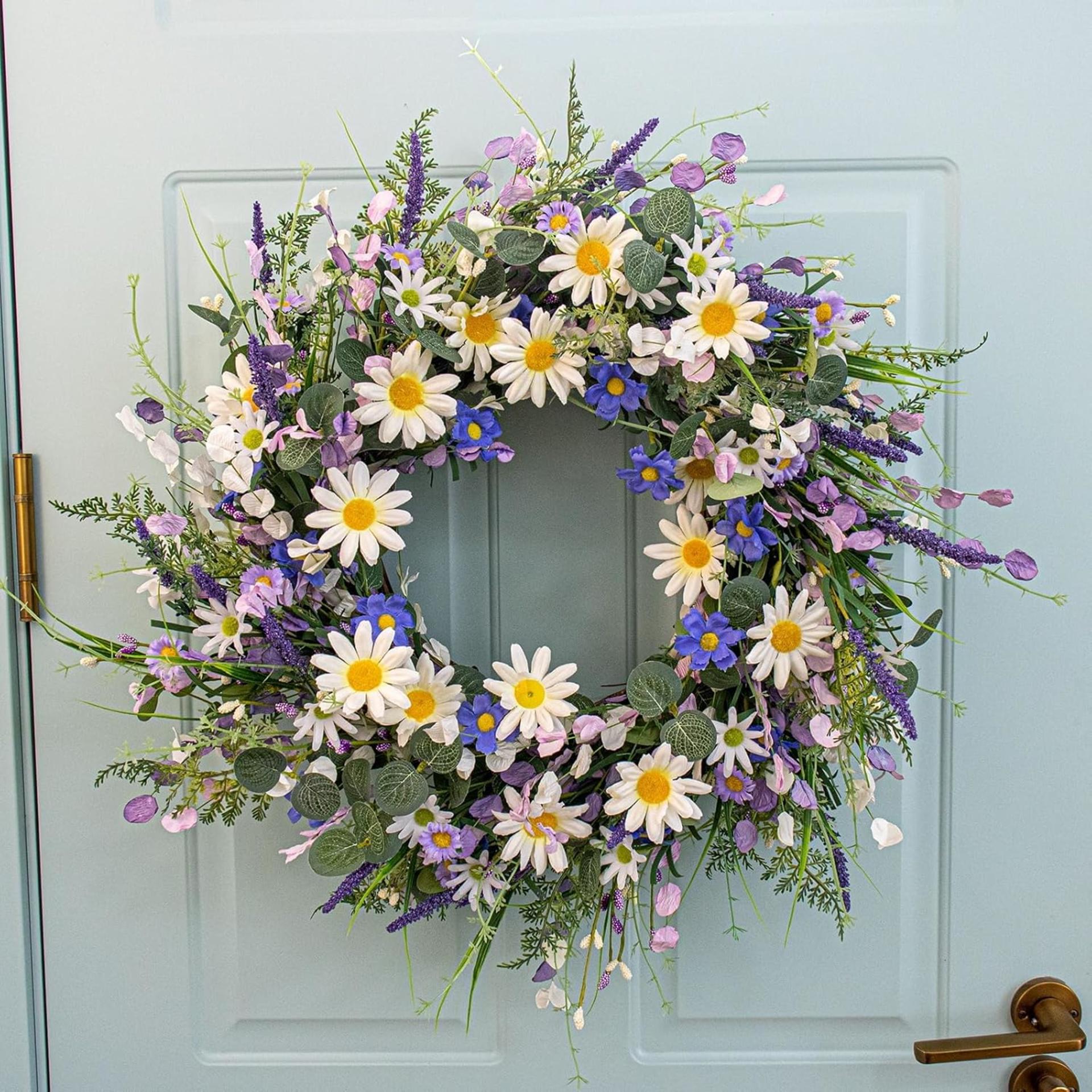 24-Inch Spring Wreath for Front Door - Blue and White Summer Floral Wreath with Wildflowers - 4