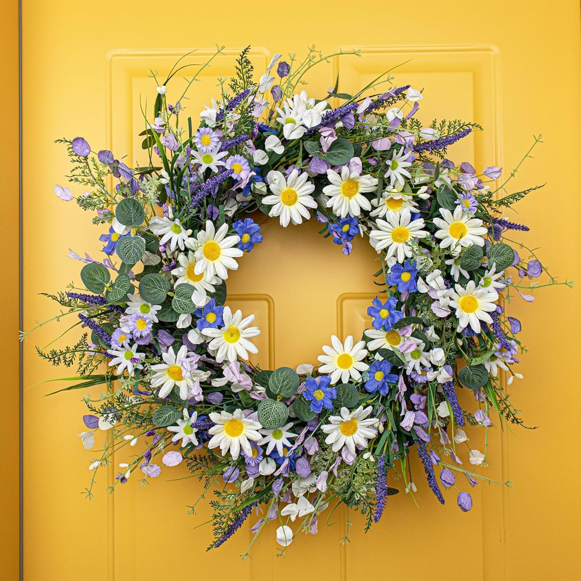 24-Inch Spring Wreath for Front Door - Blue and White Summer Floral Wreath with Wildflowers - 5