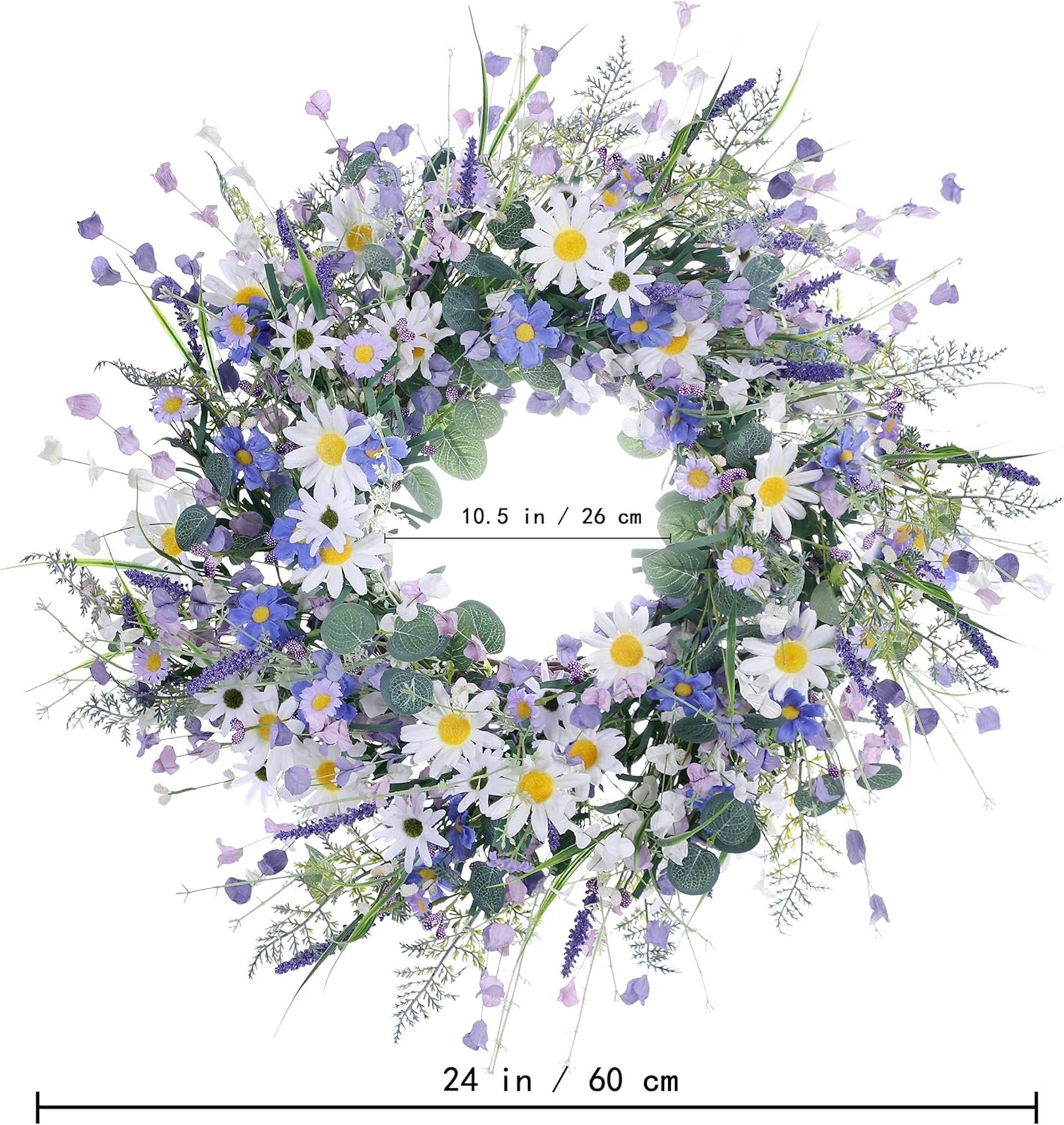 24-Inch Spring Wreath for Front Door - Blue and White Summer Floral Wreath with Wildflowers - 7