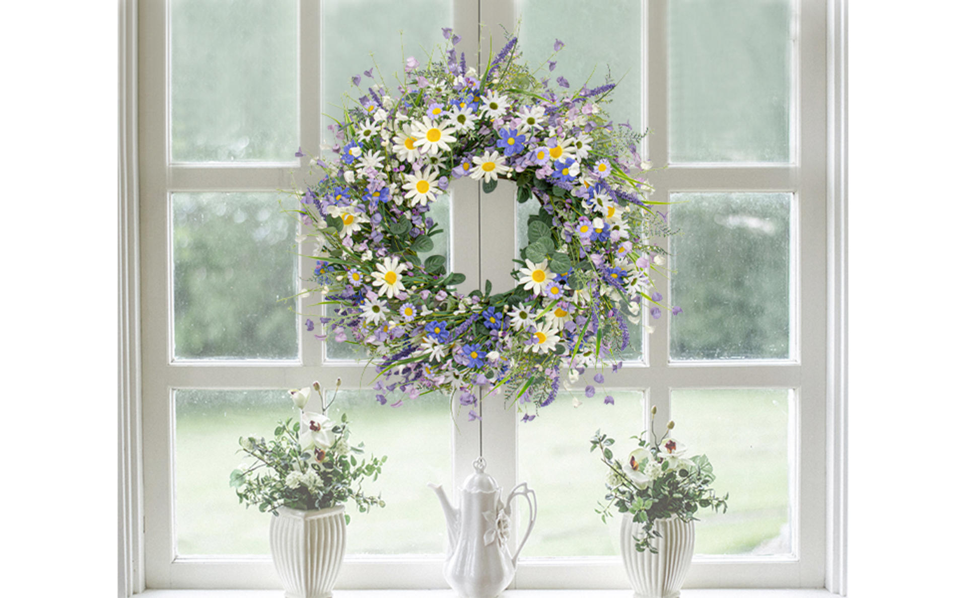 24-Inch Spring Wreath for Front Door - Blue and White Summer Floral Wreath with Wildflowers detail 2
