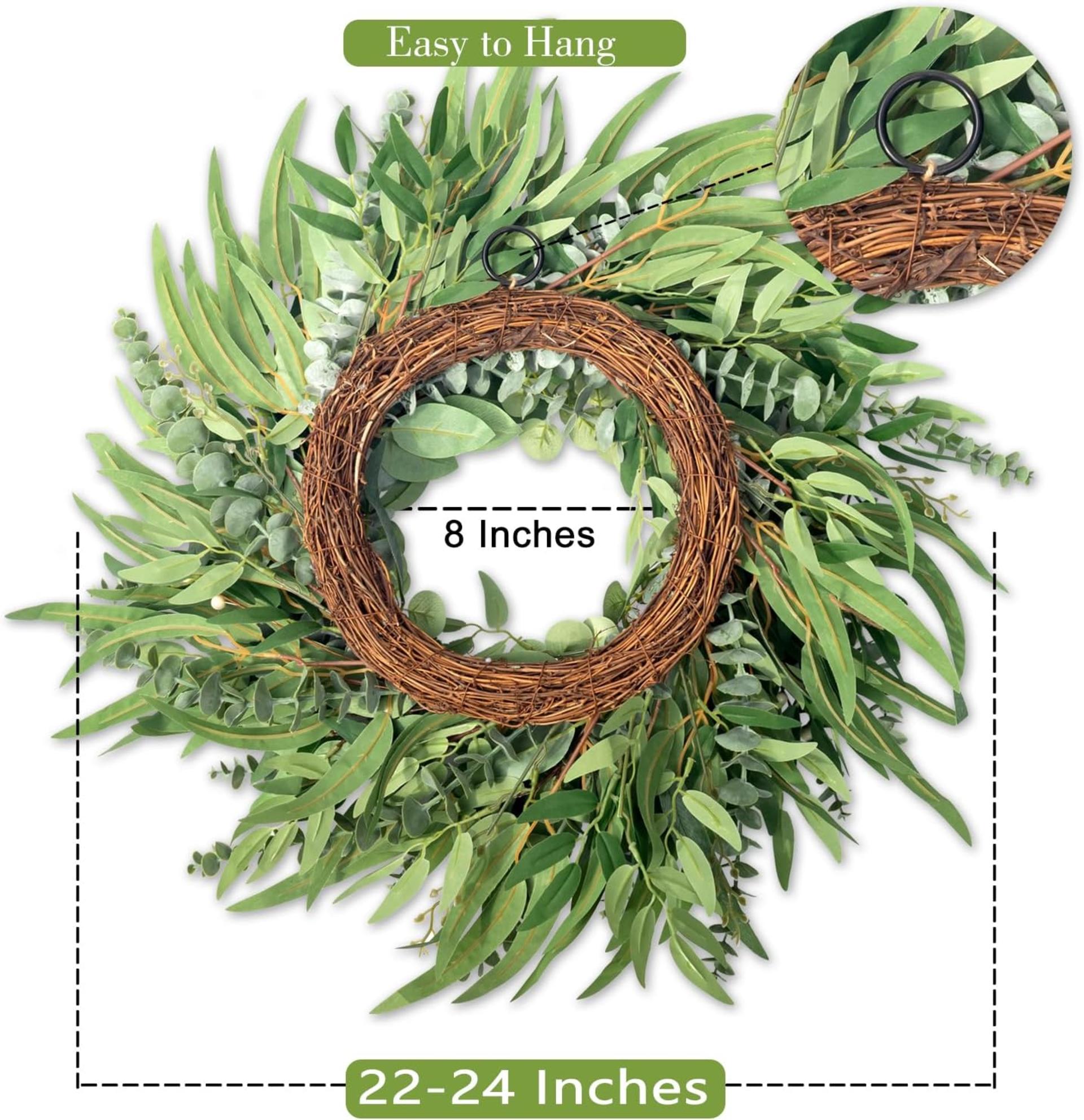 22 Inch Eucalyptus Wreath for Front Door Year Round - Large Artificial Greenery Farmhouse Wreath - 2