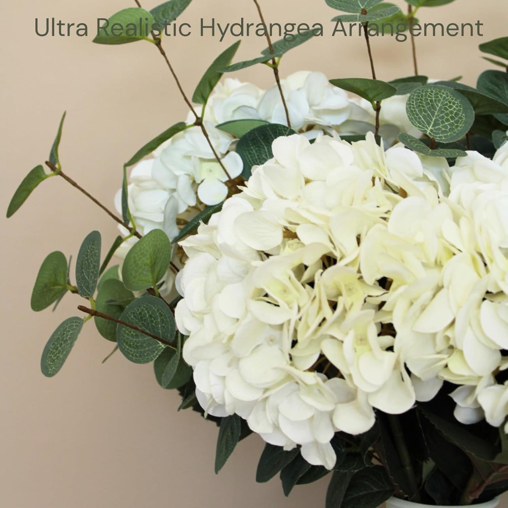 Real Touch White Faux Hydrangea and Eucalyptus Arrangement - 5 Heads Realistic Artificial Flowers - 4