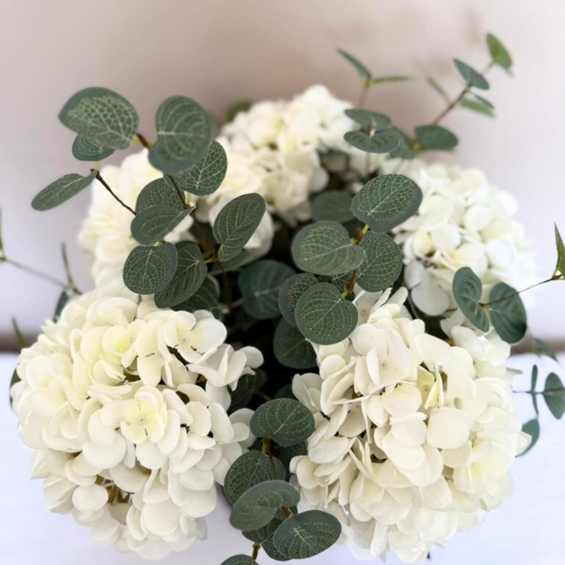 Real Touch White Faux Hydrangea and Eucalyptus Arrangement - 5 Heads Realistic Artificial Flowers - 8