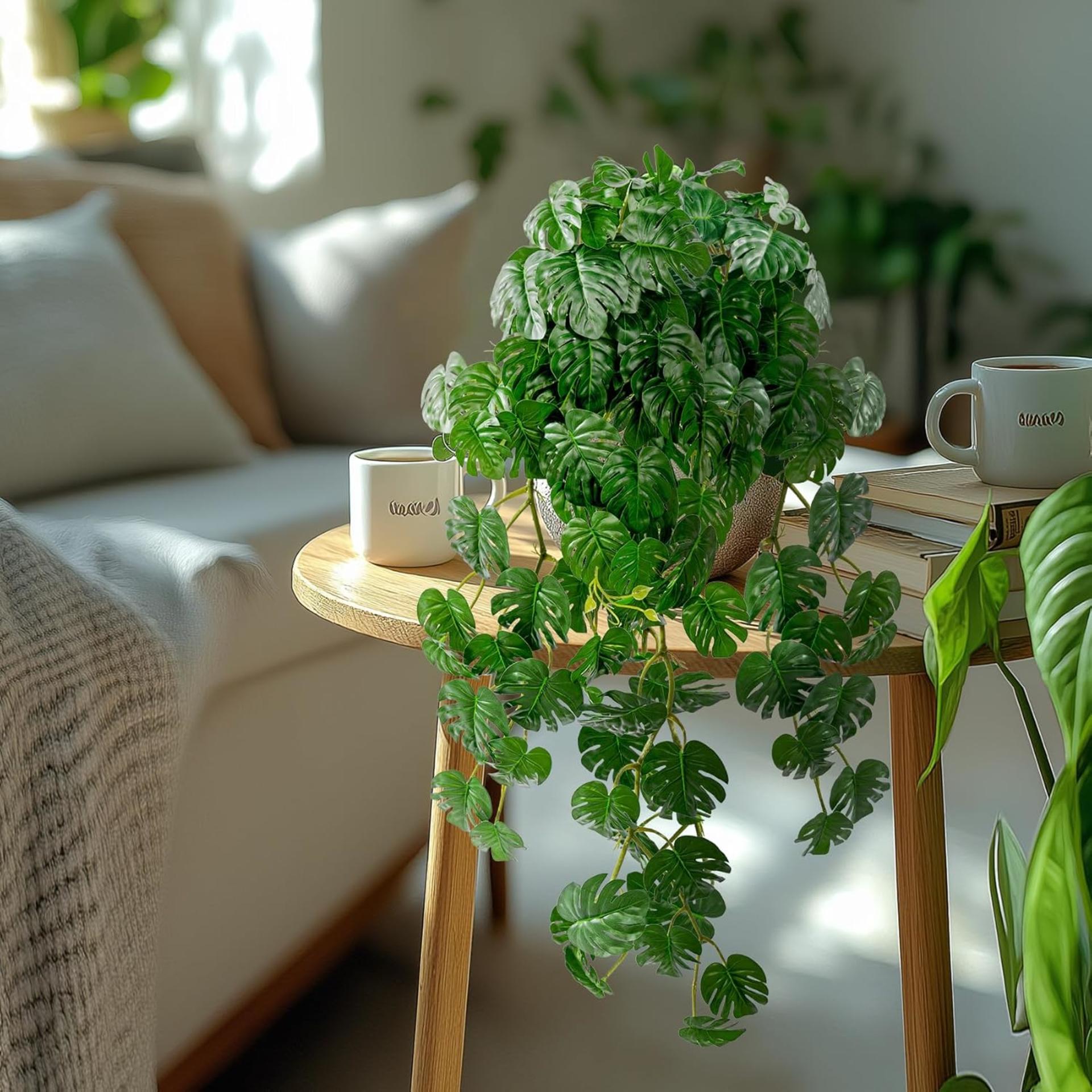 2 PCS Artificial Hanging Monstera Plants, UV-Resistant Faux Ivy Vine Tropical Greenery - 3