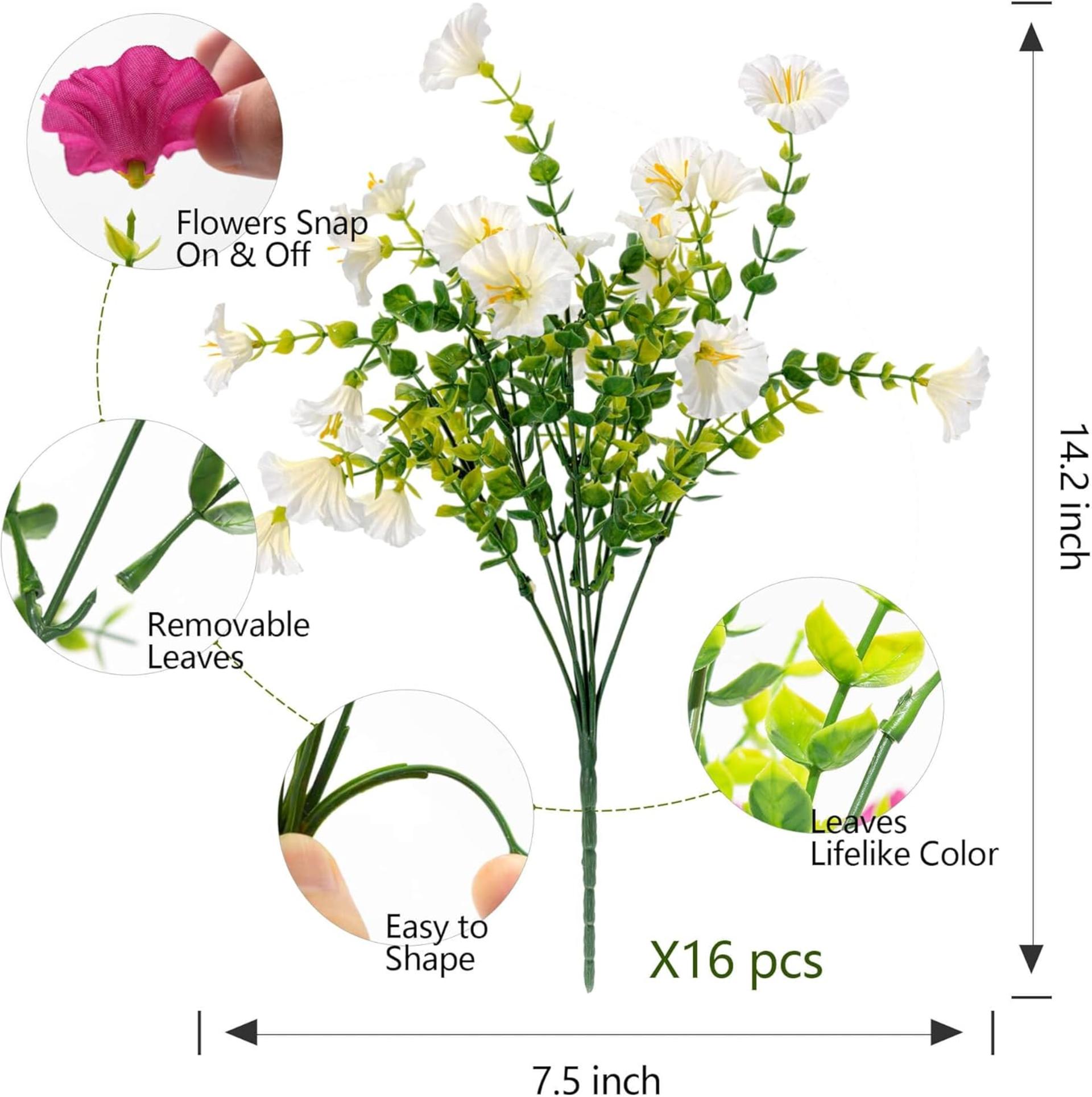 16 Bundles Artificial White Flowers for Outdoor Decor, UV Resistant Faux Plants with Eucalyptus Stems - 2
