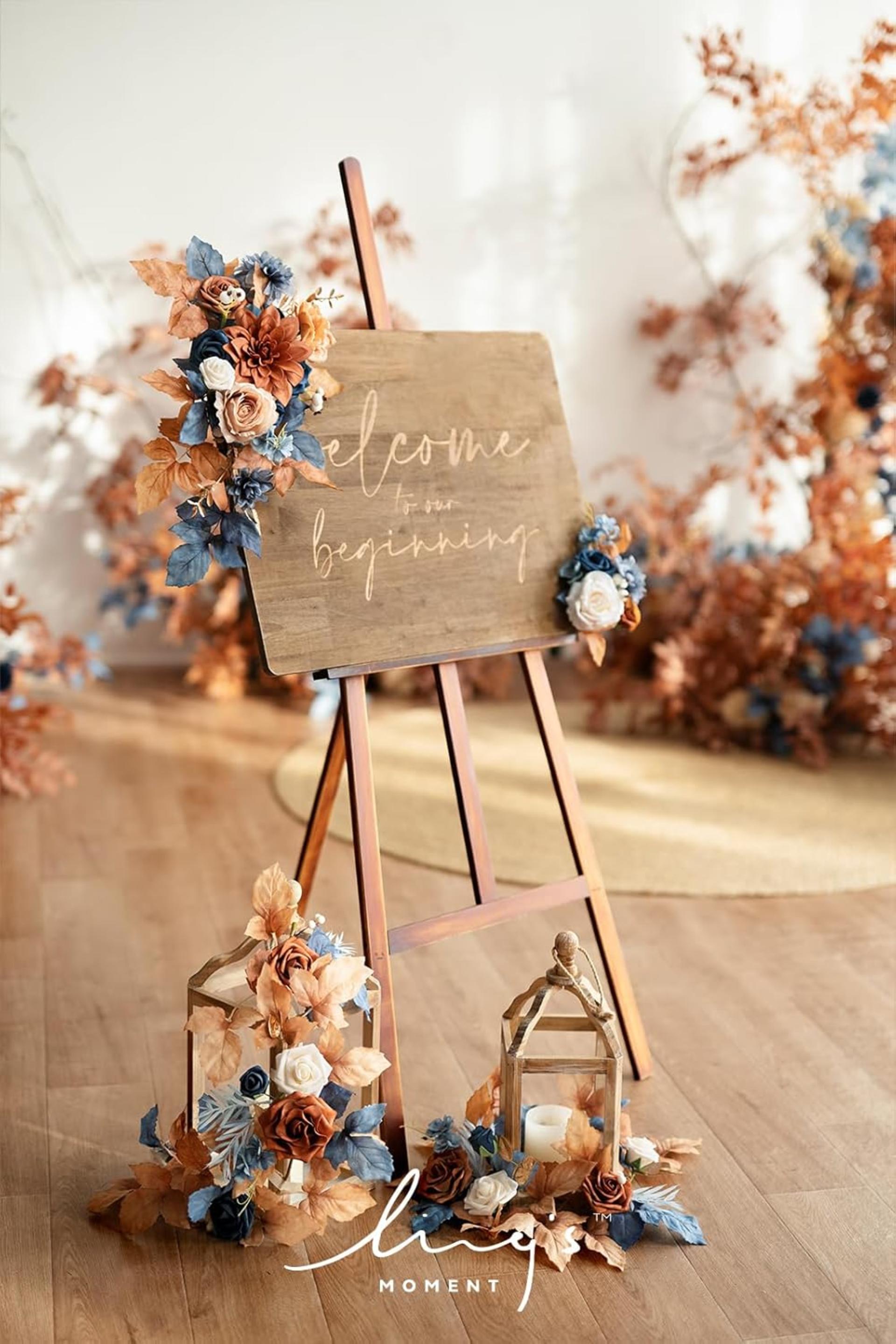 2pcs Artificial Wedding Welcome Sign Flowers Swag, Terracotta & Navy Blue Floral Garland for Arch - 2