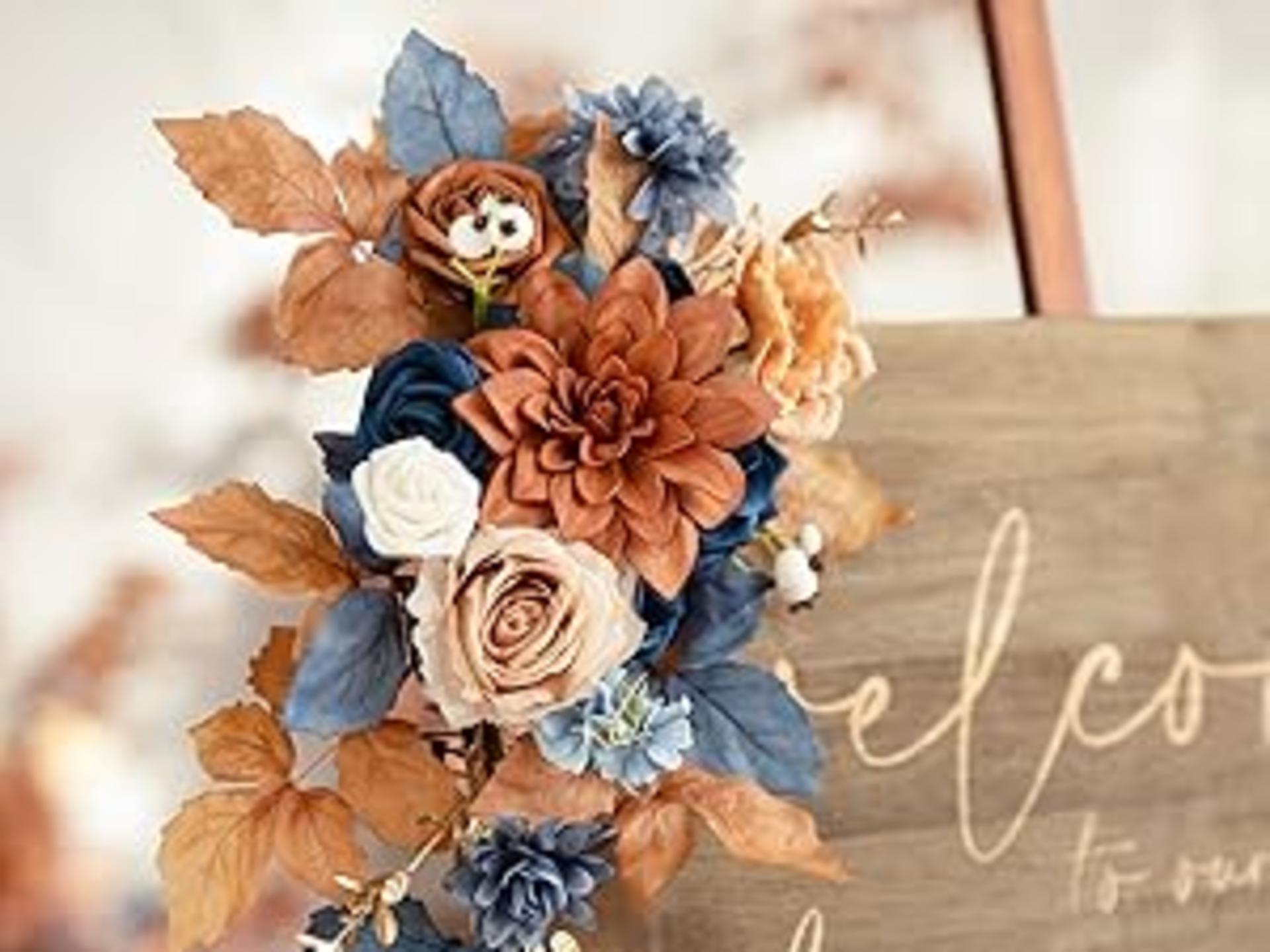 2pcs Artificial Wedding Welcome Sign Flowers Swag, Terracotta & Navy Blue Floral Garland for Arch detail 3