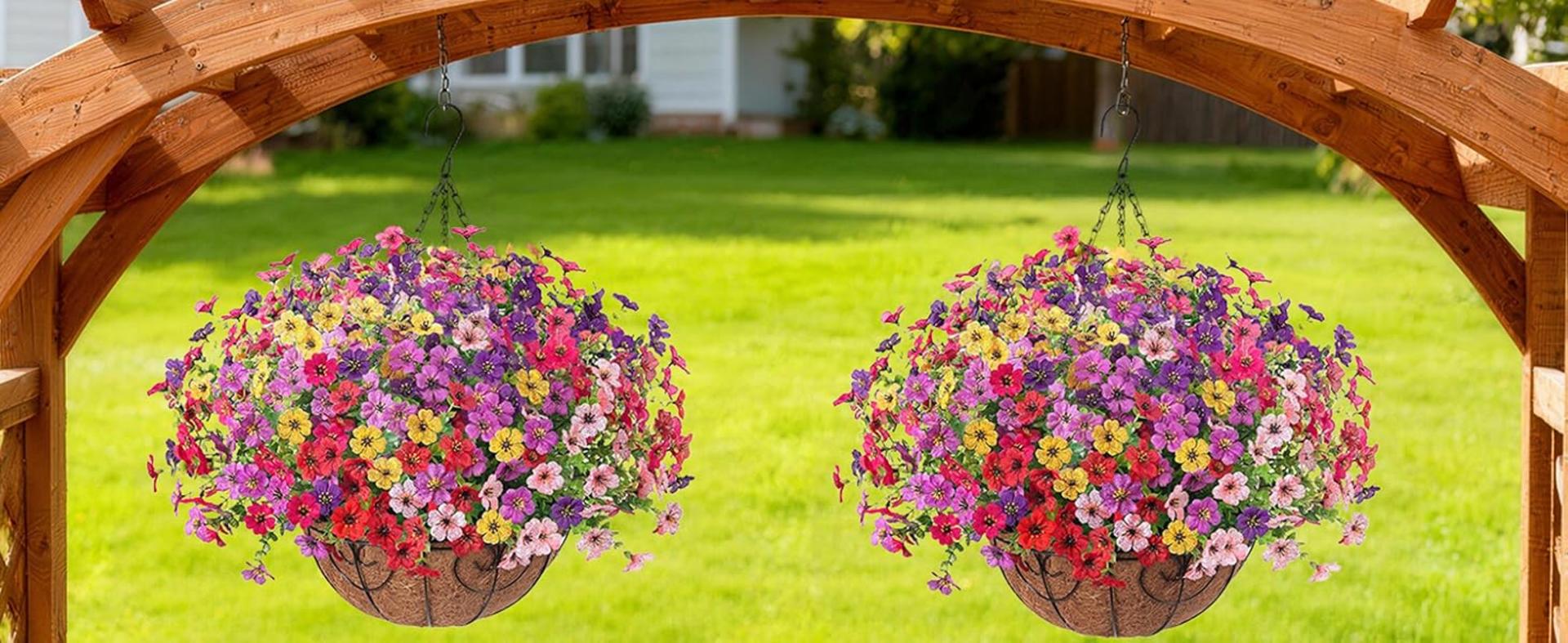 Artificial Hanging Flowers Basket with Purple Daisies, UV Resistant Faux Silk Plants for Outdoor Porch Patio Decor detail 7