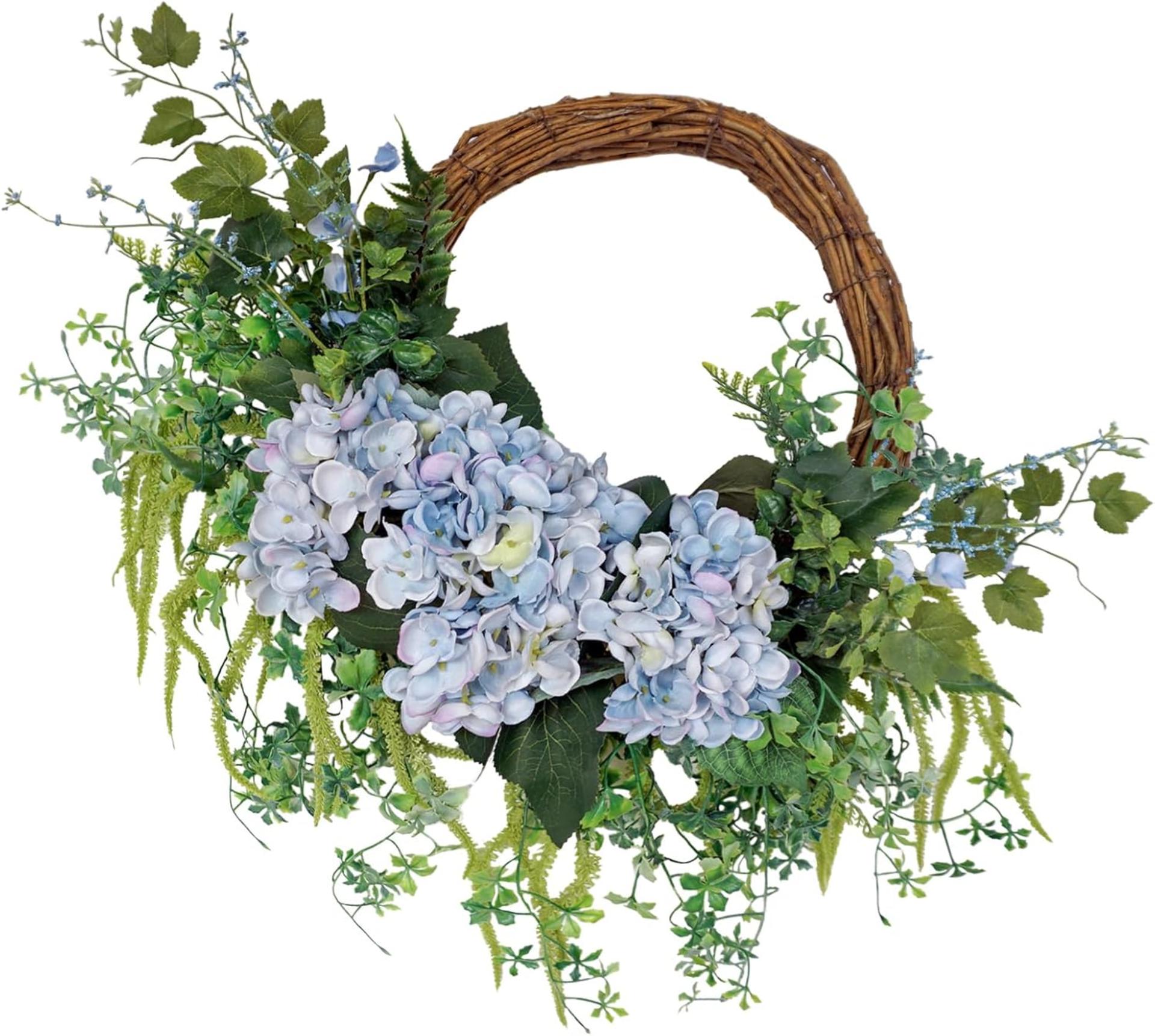 18 Inch Blue Faux Hydrangea Half Wreath for Front Door, Spring Summer Floral Wall Decor