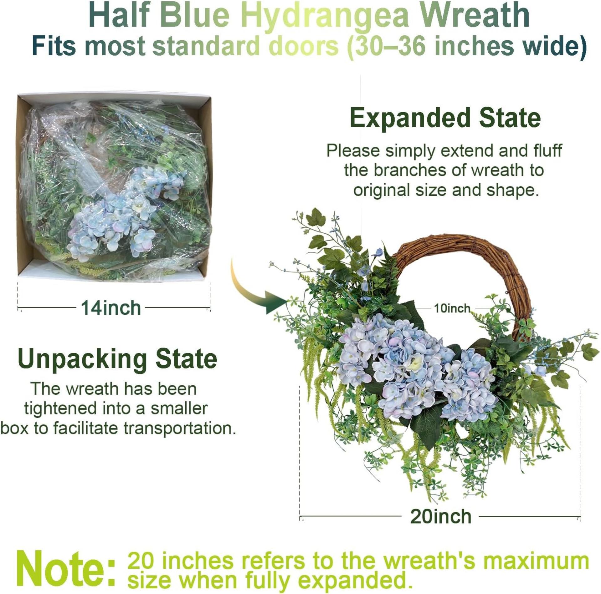 18 Inch Blue Faux Hydrangea Half Wreath for Front Door, Spring Summer Floral Wall Decor - 2