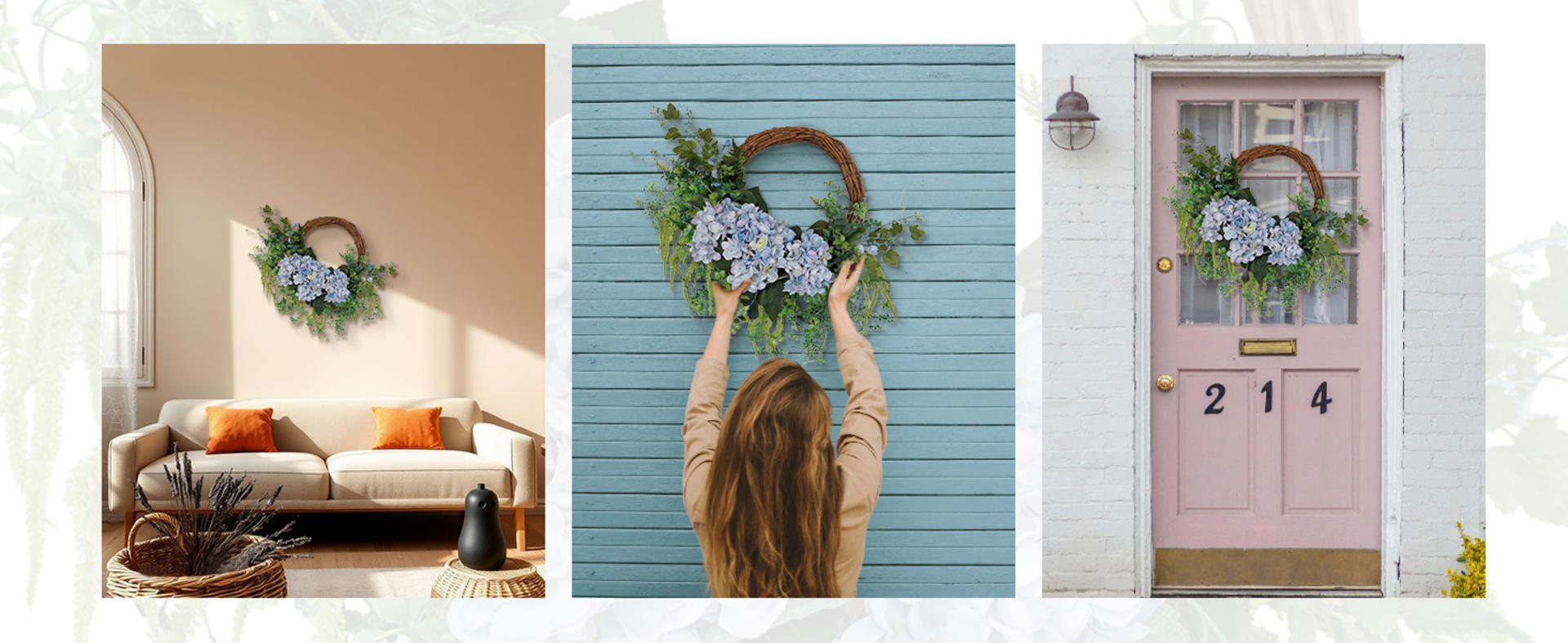 18 Inch Blue Faux Hydrangea Half Wreath for Front Door, Spring Summer Floral Wall Decor detail 2