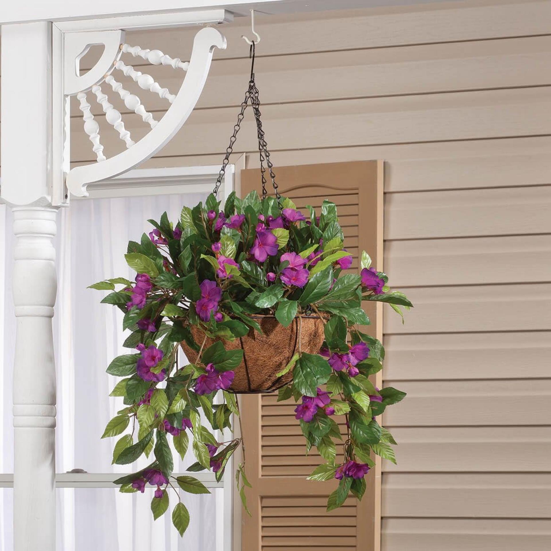 Fully Assembled Artificial Purple Impatiens Hanging Basket - Large Lifelike Faux Flower Decor - 2