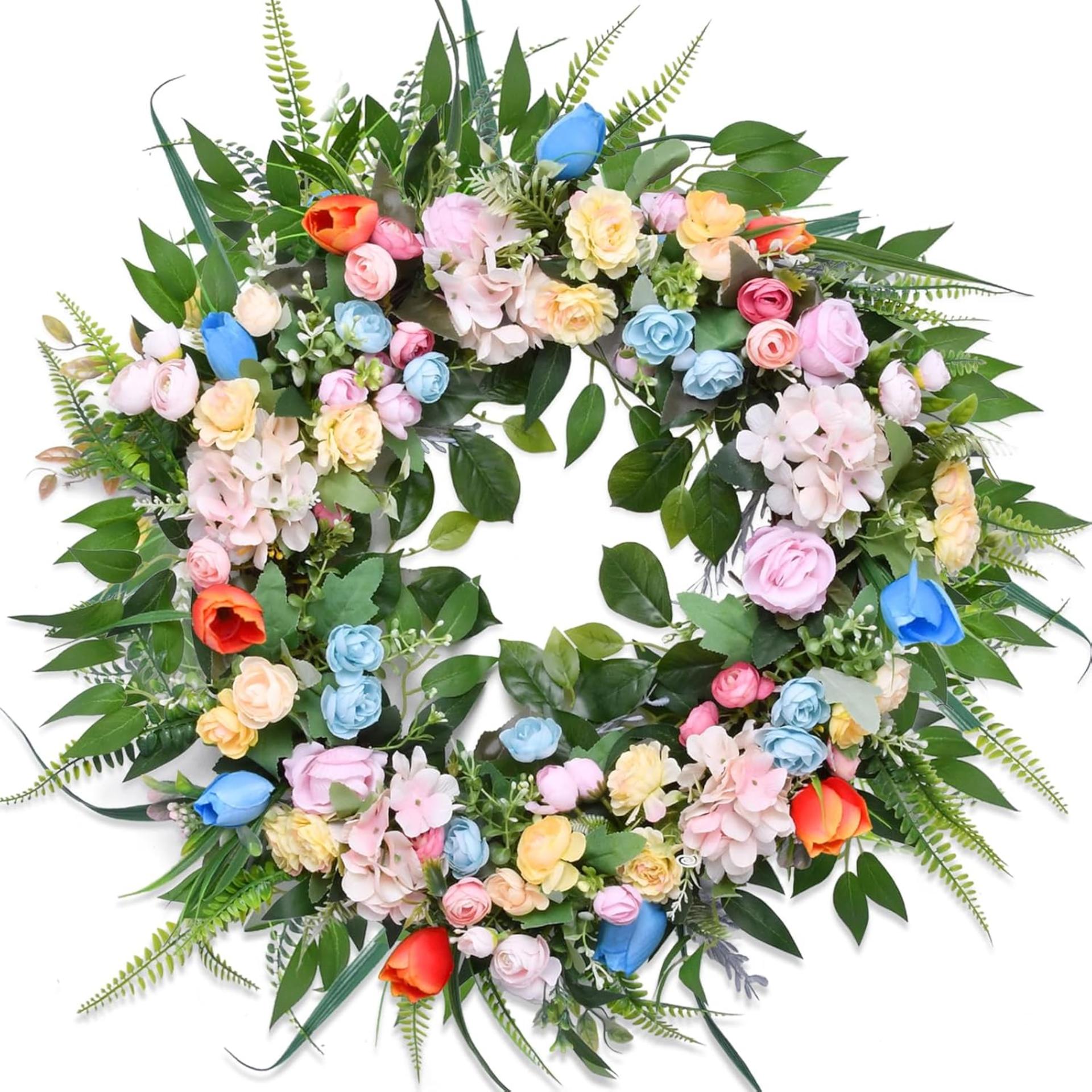 22" Artificial Spring Autumn Wreath with Tulips, Hydrangeas and Eucalyptus for Front Door