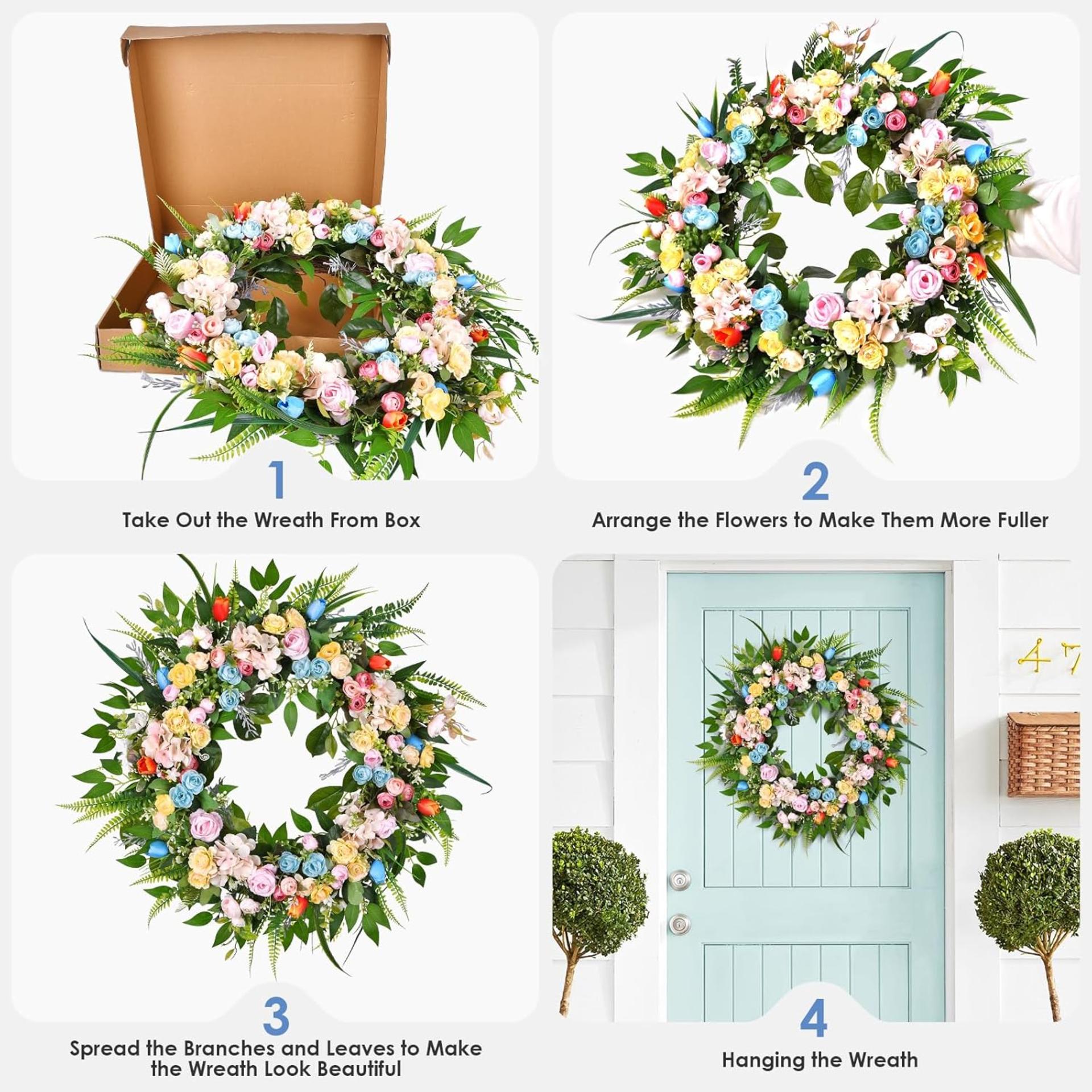 22" Artificial Spring Autumn Wreath with Tulips, Hydrangeas and Eucalyptus for Front Door - 4
