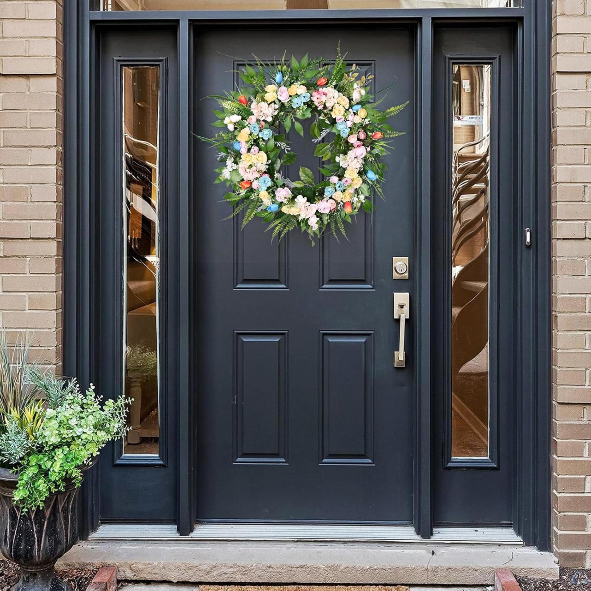22" Artificial Spring Autumn Wreath with Tulips, Hydrangeas and Eucalyptus for Front Door - 5
