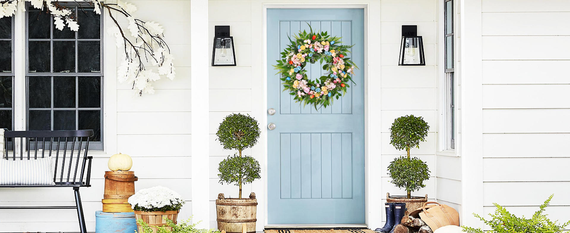 22" Artificial Spring Autumn Wreath with Tulips, Hydrangeas and Eucalyptus for Front Door detail 1