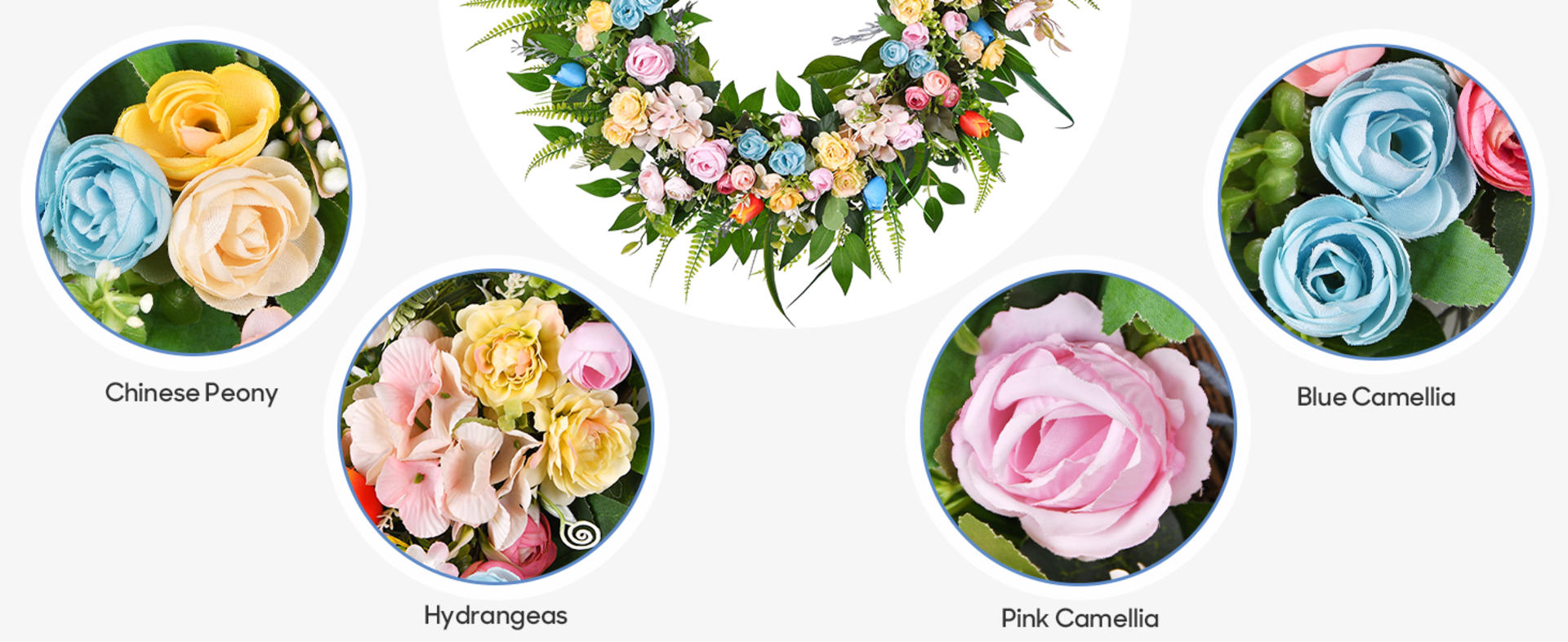 22" Artificial Spring Autumn Wreath with Tulips, Hydrangeas and Eucalyptus for Front Door detail 2