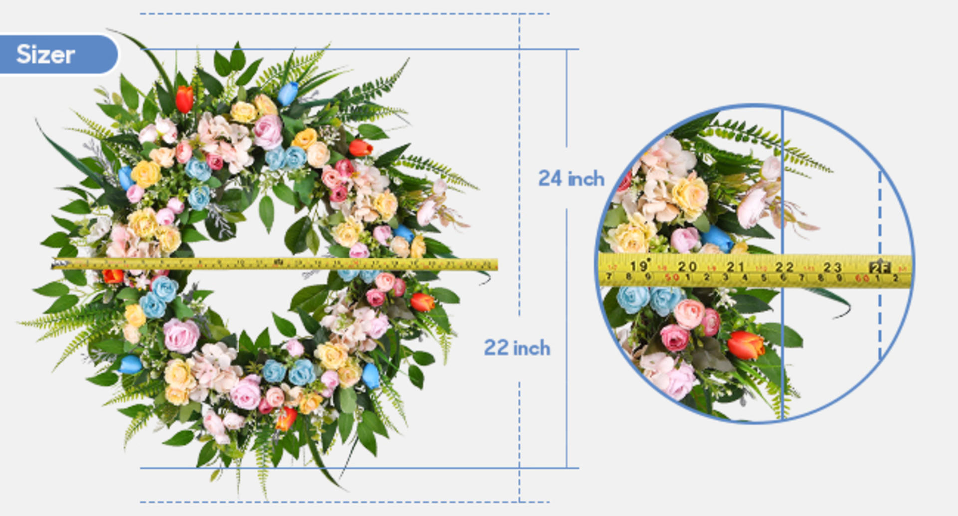 22" Artificial Spring Autumn Wreath with Tulips, Hydrangeas and Eucalyptus for Front Door detail 4