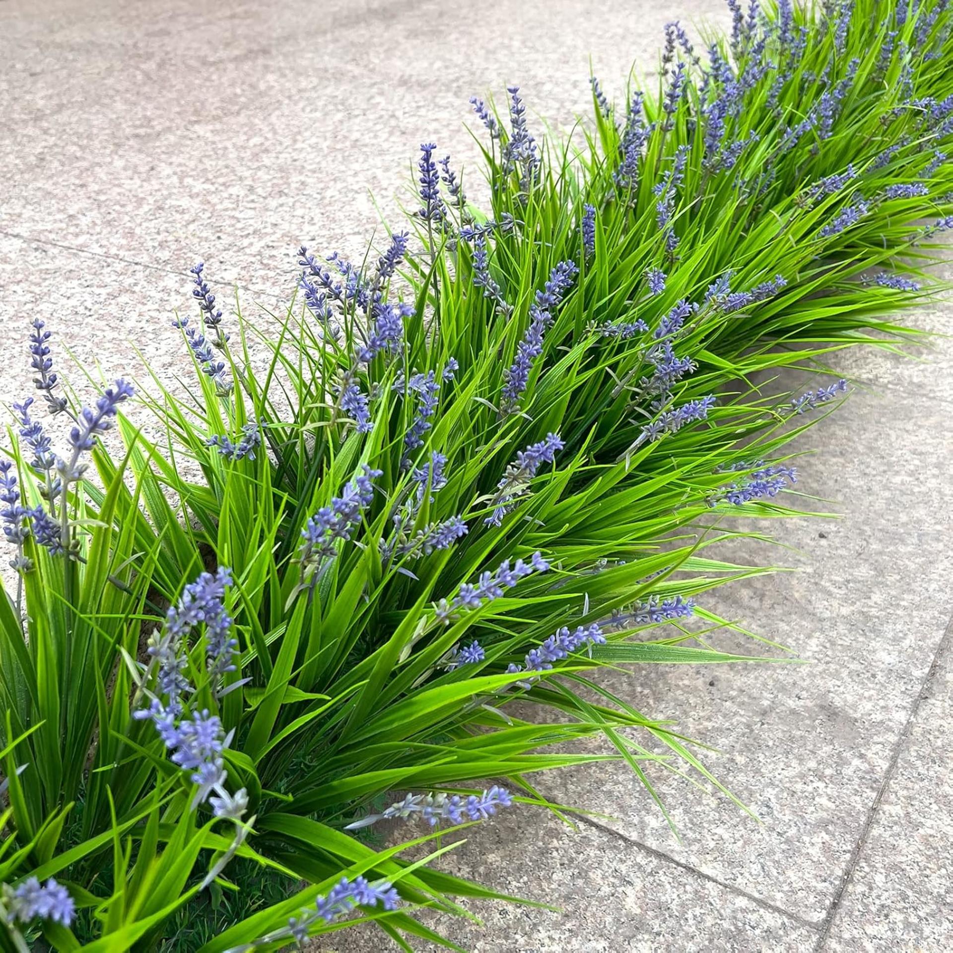 12 Bundles Artificial Outdoor Monkey Grass with Flowers, UV Resistant Faux Plants for Garden Decor - 7