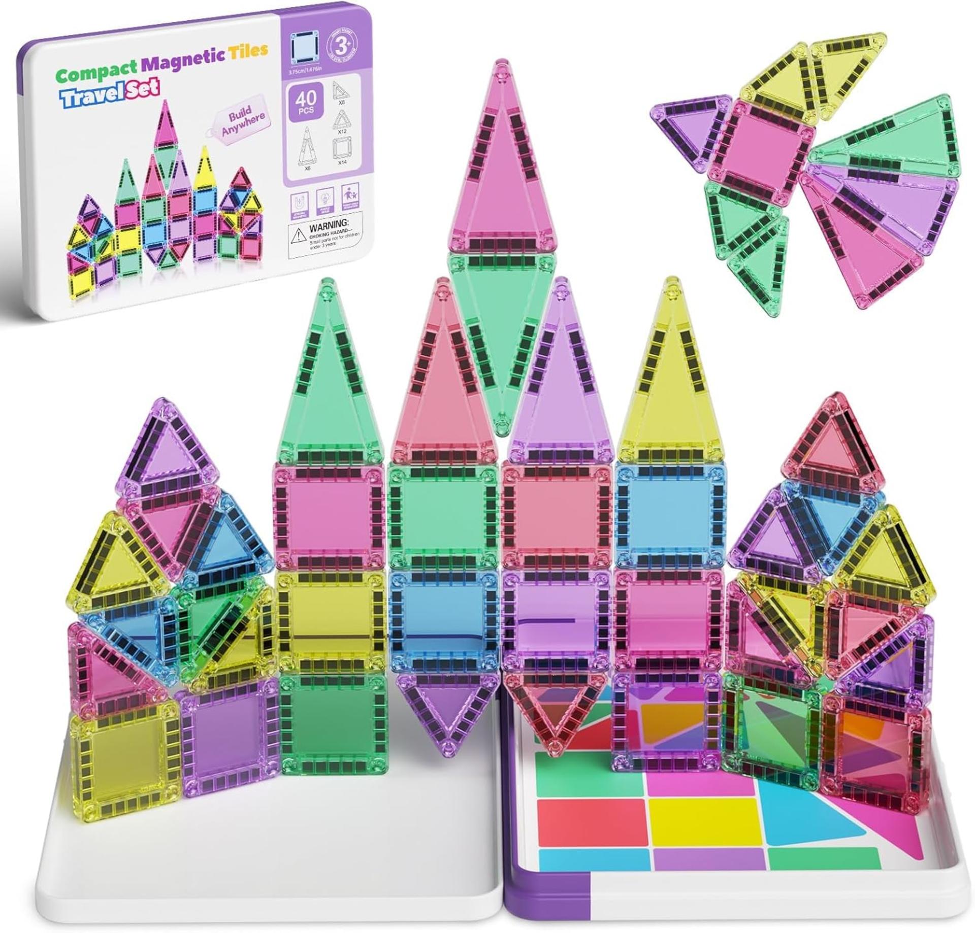 40PCS Mini Magnetic Tiles Building Blocks - STEM Montessori Travel Toy with Metal Storage Box - 5