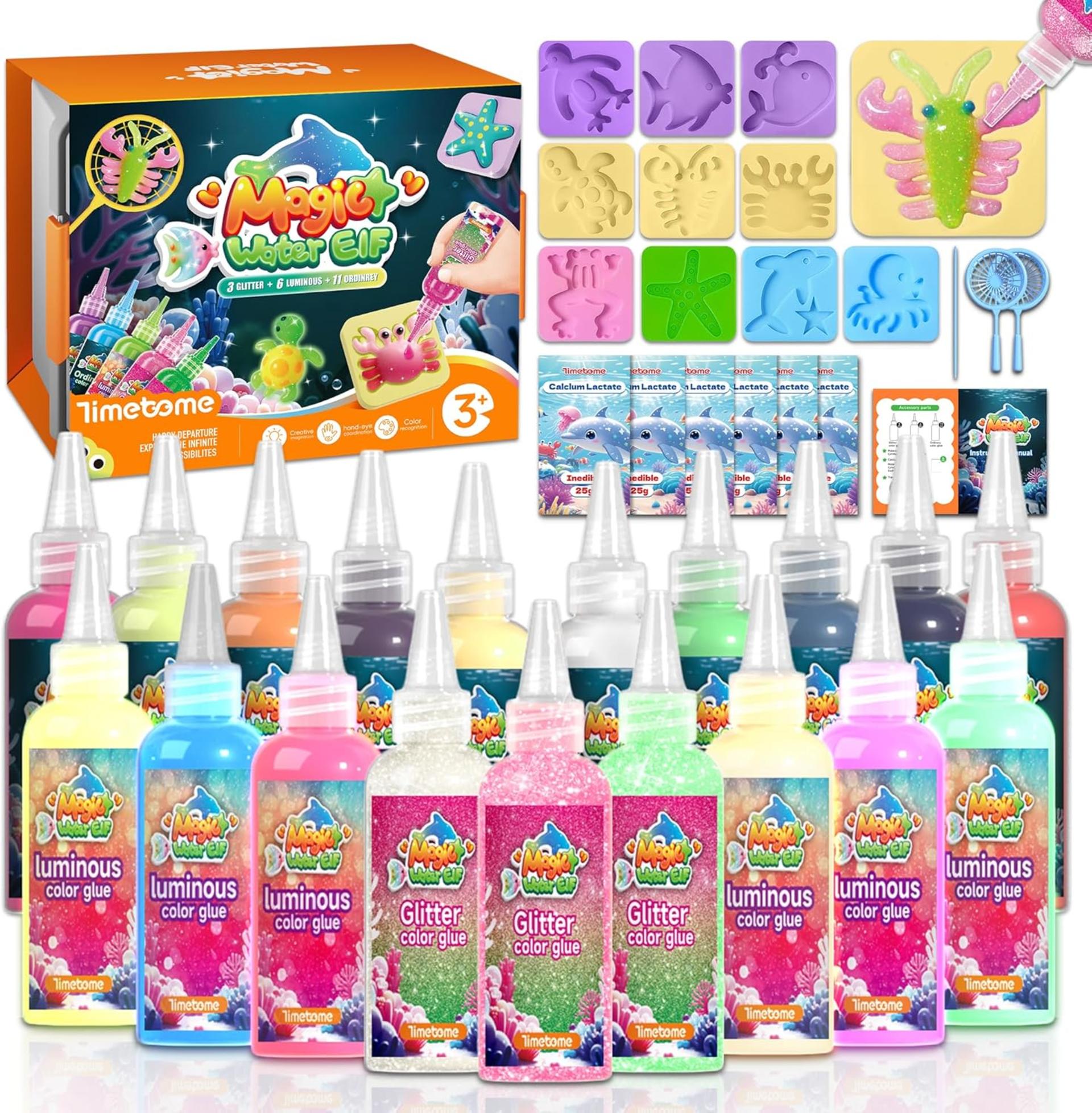 Magic Water Elf Toy Kit - 20 Gels with Glow & Glitter, 10 Molds DIY Squishy Maker