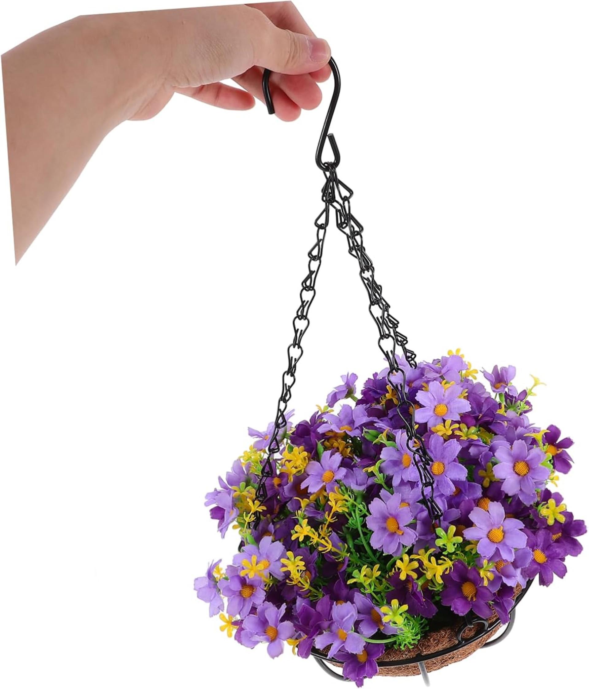 Outdoor Hanging Basket with Purple Artificial Flowers and Iron Pot for Porch Decor - 3