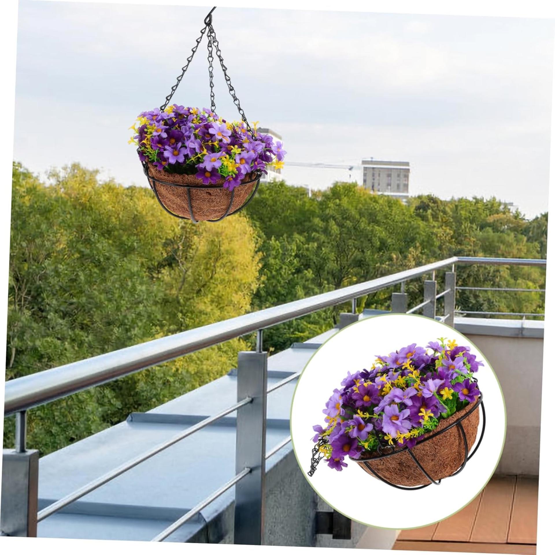 Outdoor Hanging Basket with Purple Artificial Flowers and Iron Pot for Porch Decor - 8