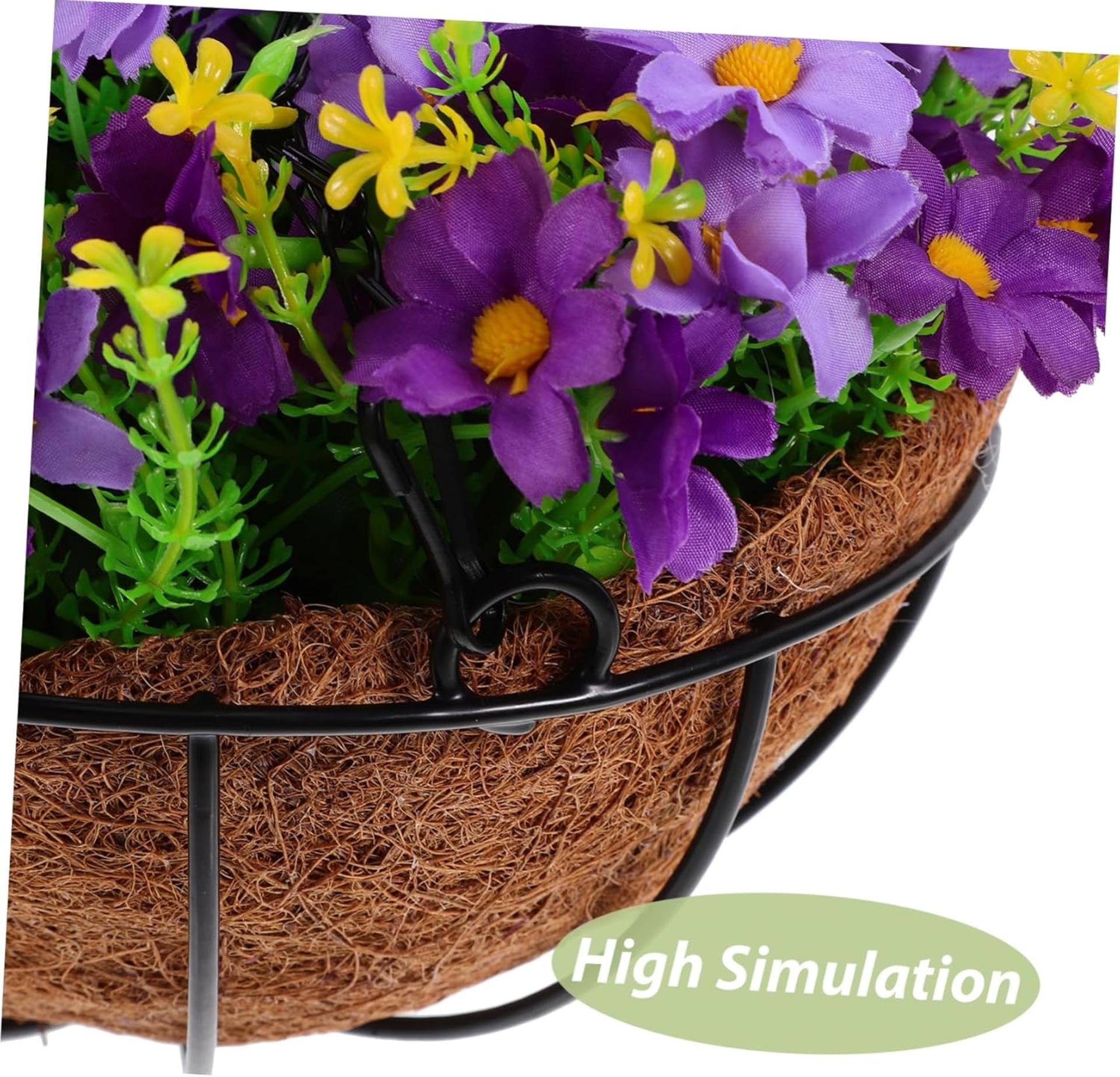 Outdoor Hanging Basket with Purple Artificial Flowers and Iron Pot for Porch Decor - 9