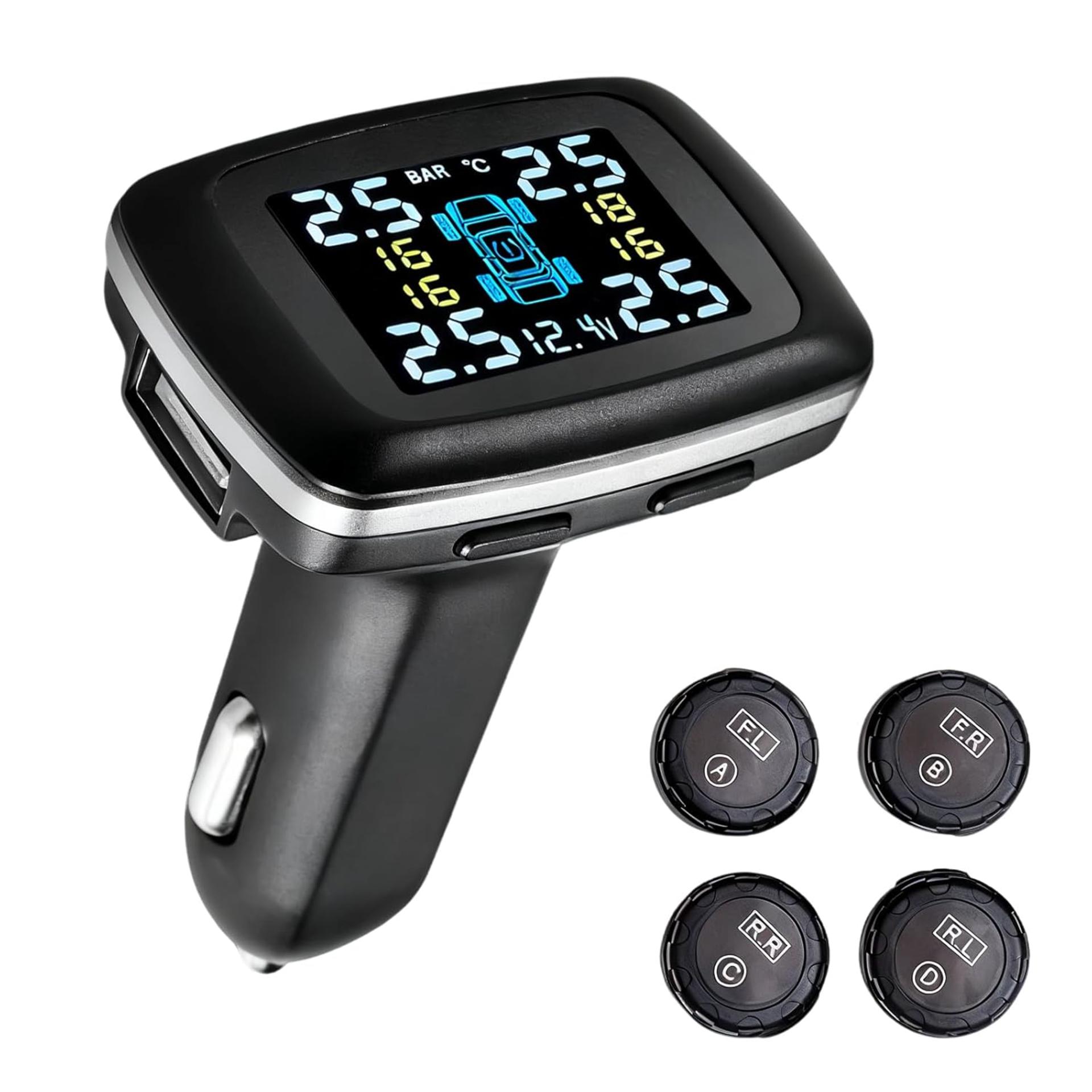 Wireless TPMS Tire Pressure Monitoring System with 4 External Sensors & Color LCD Display