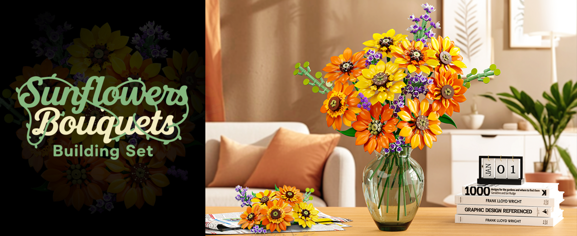 Sunflower Bouquet Building Set with LED Lights - 1011 Pcs Botanical Collection Artificial Flowers detail 1