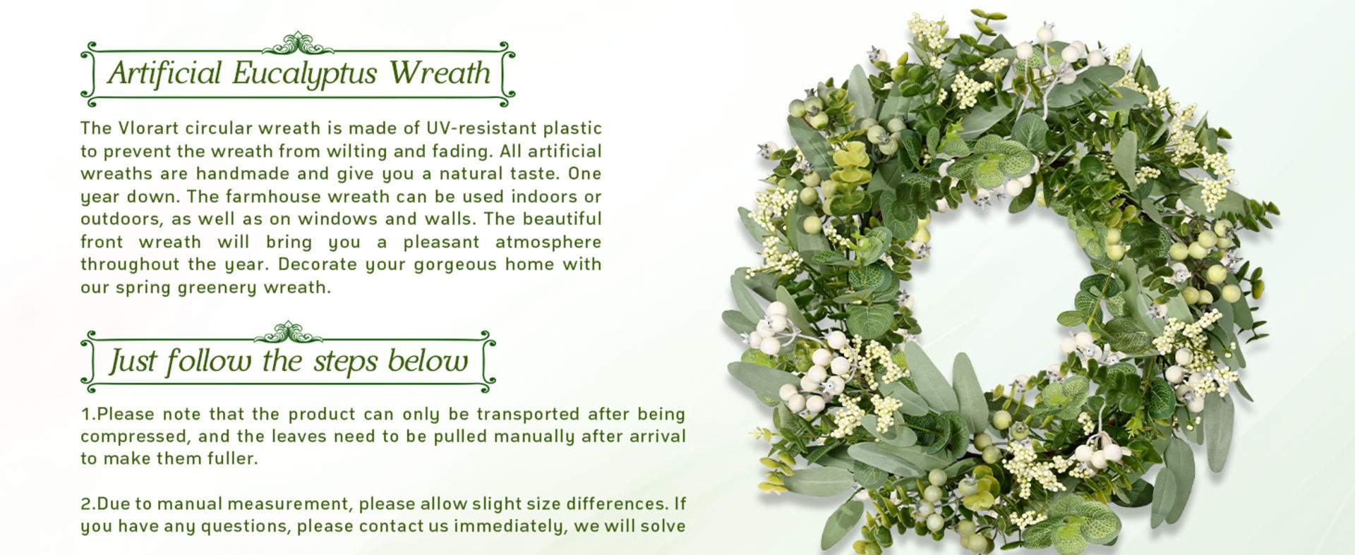 19" Artificial Eucalyptus Wreath with Berries for Front Door, All-Season Greenery Decor for Farmhouse detail 2