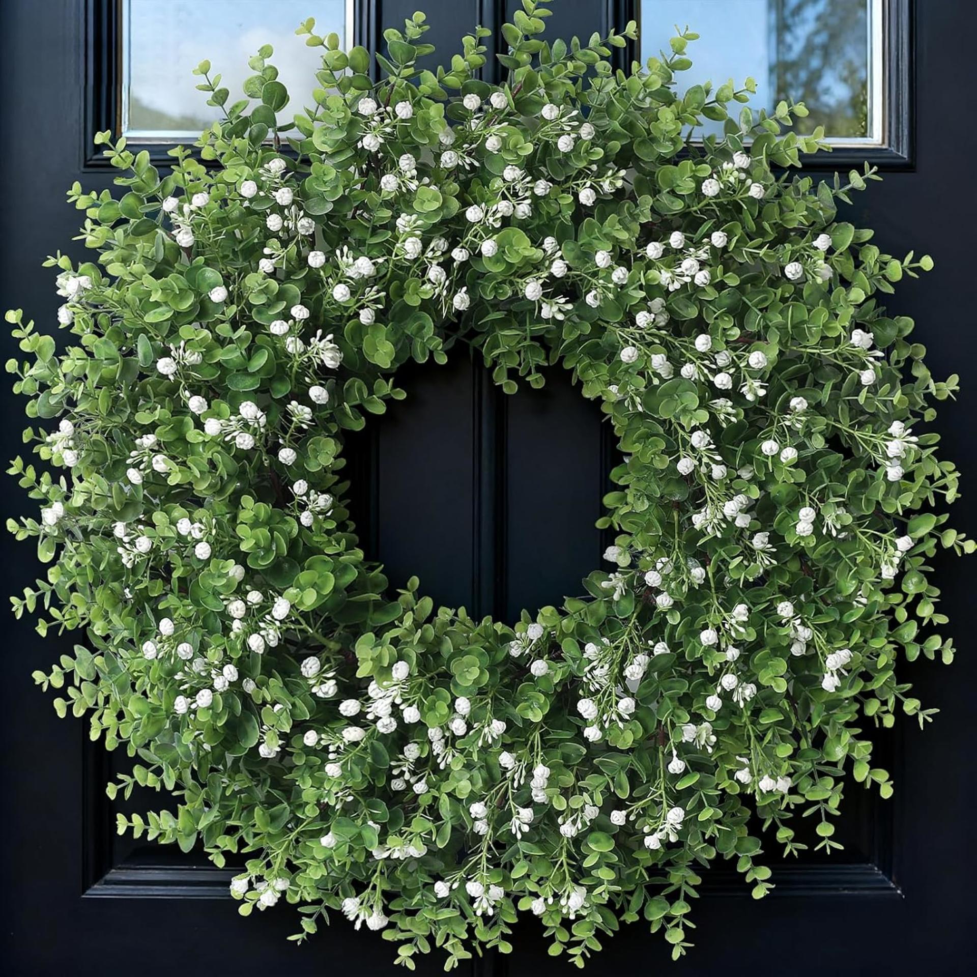26" Artificial Eucalyptus Wreath with Baby's Breath for Front Door, Farmhouse Greenery Decor