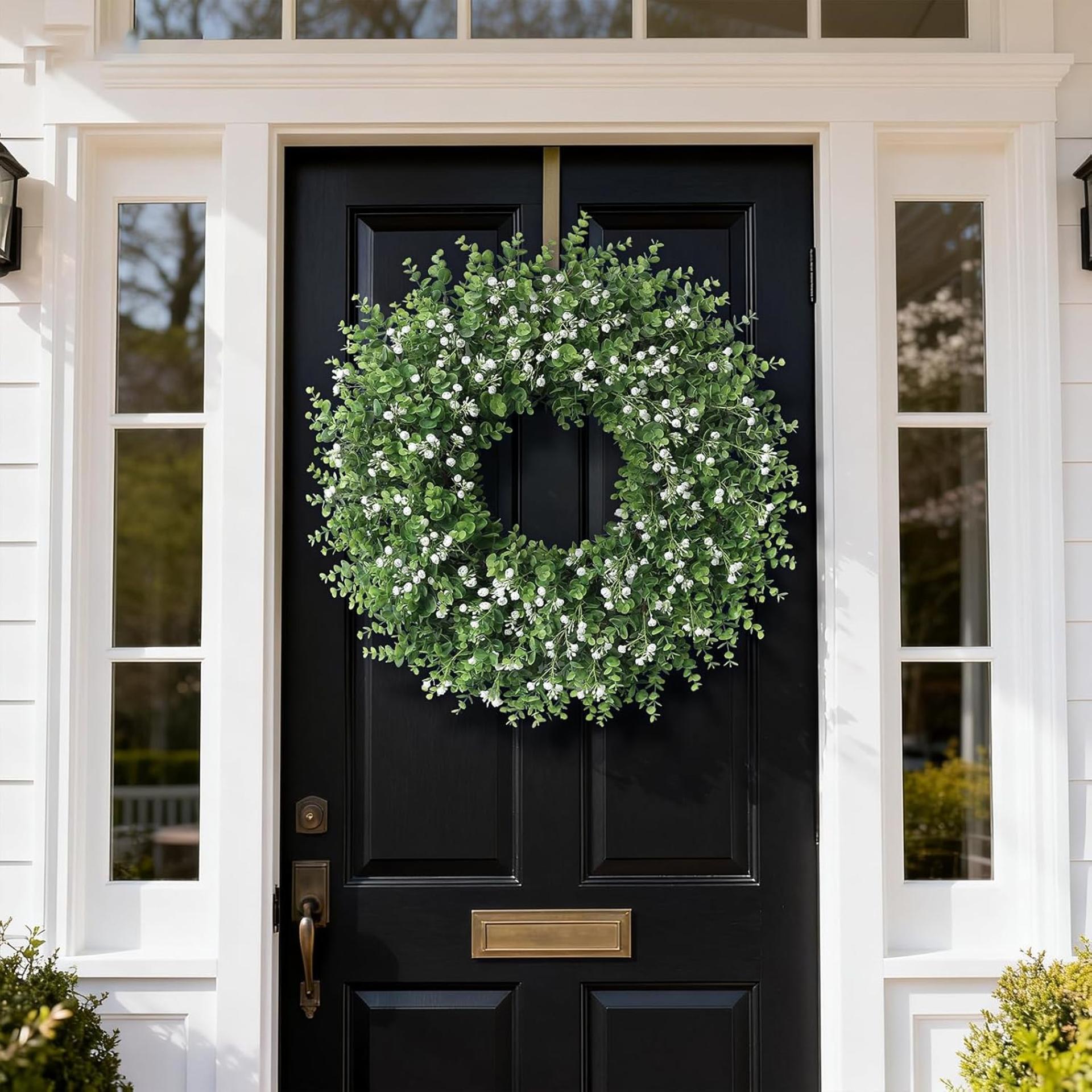 26" Artificial Eucalyptus Wreath with Baby's Breath for Front Door, Farmhouse Greenery Decor - 2