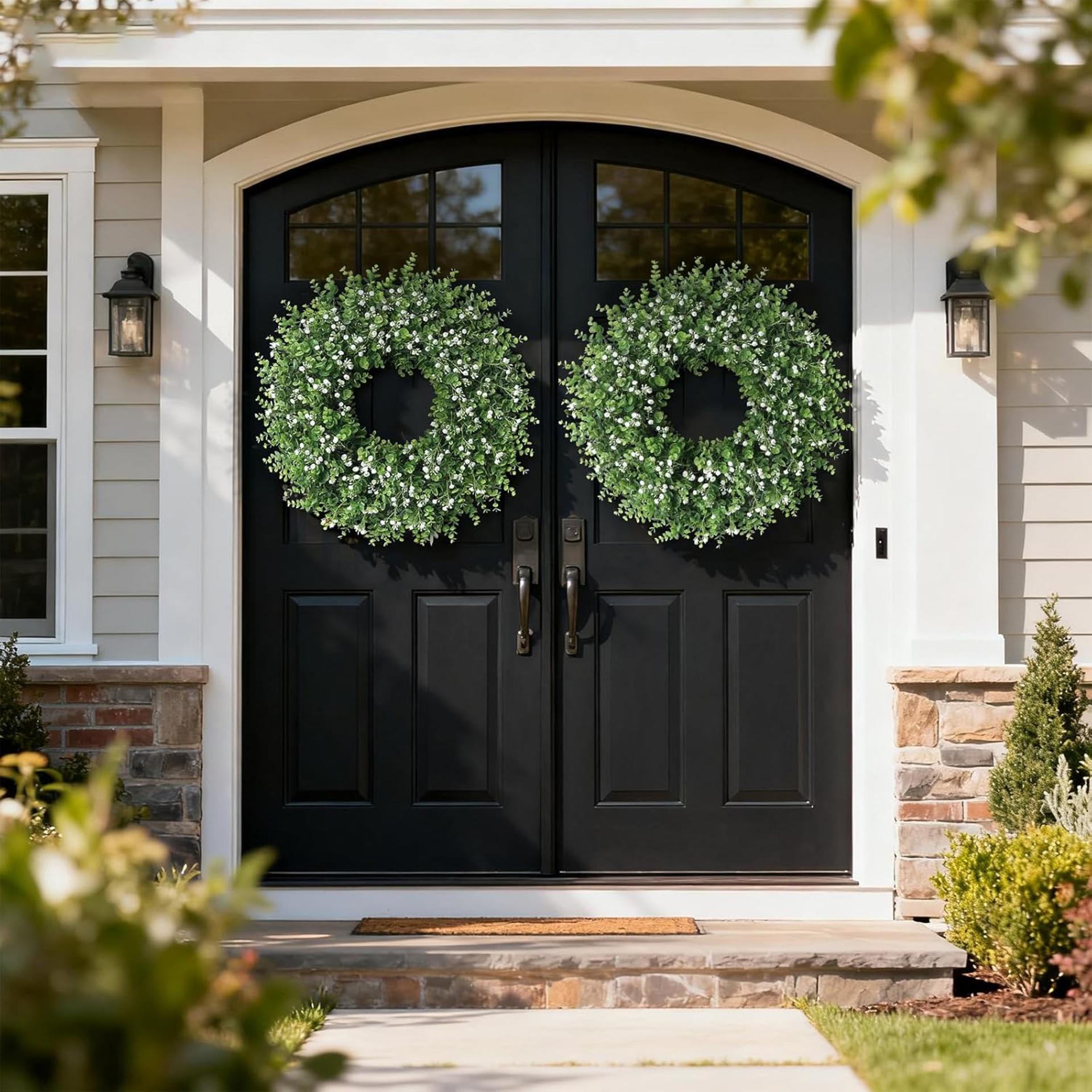 26" Artificial Eucalyptus Wreath with Baby's Breath for Front Door, Farmhouse Greenery Decor - 3