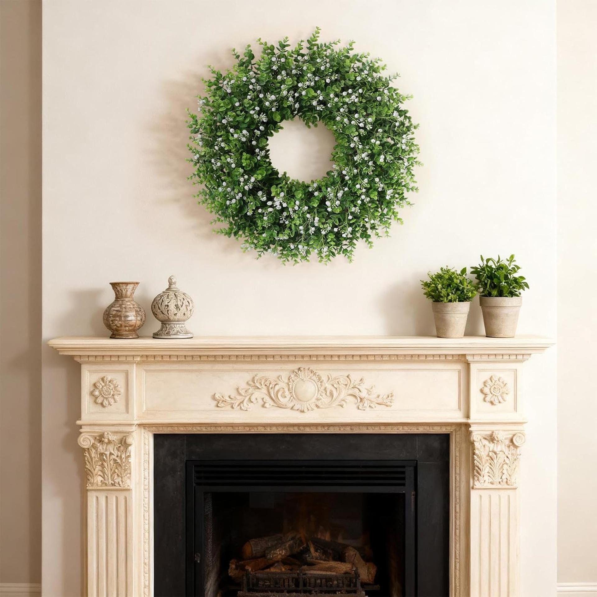 26" Artificial Eucalyptus Wreath with Baby's Breath for Front Door, Farmhouse Greenery Decor - 6