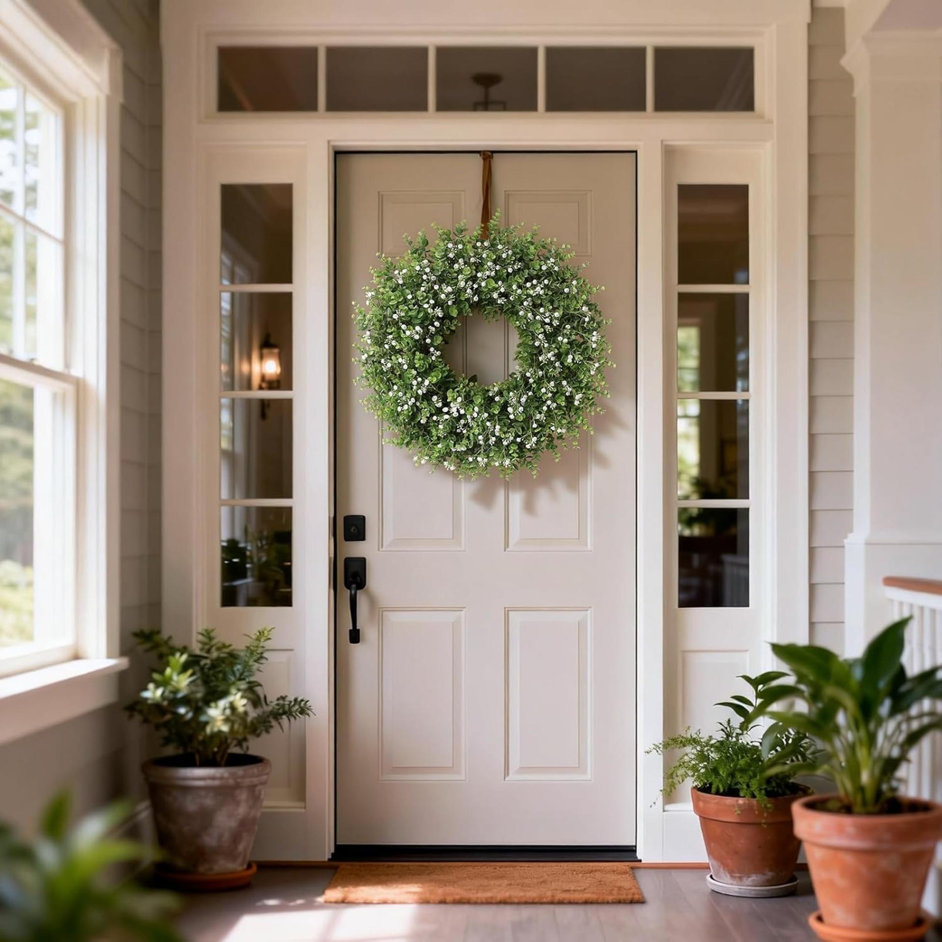 26" Artificial Eucalyptus Wreath with Baby's Breath for Front Door, Farmhouse Greenery Decor - 7