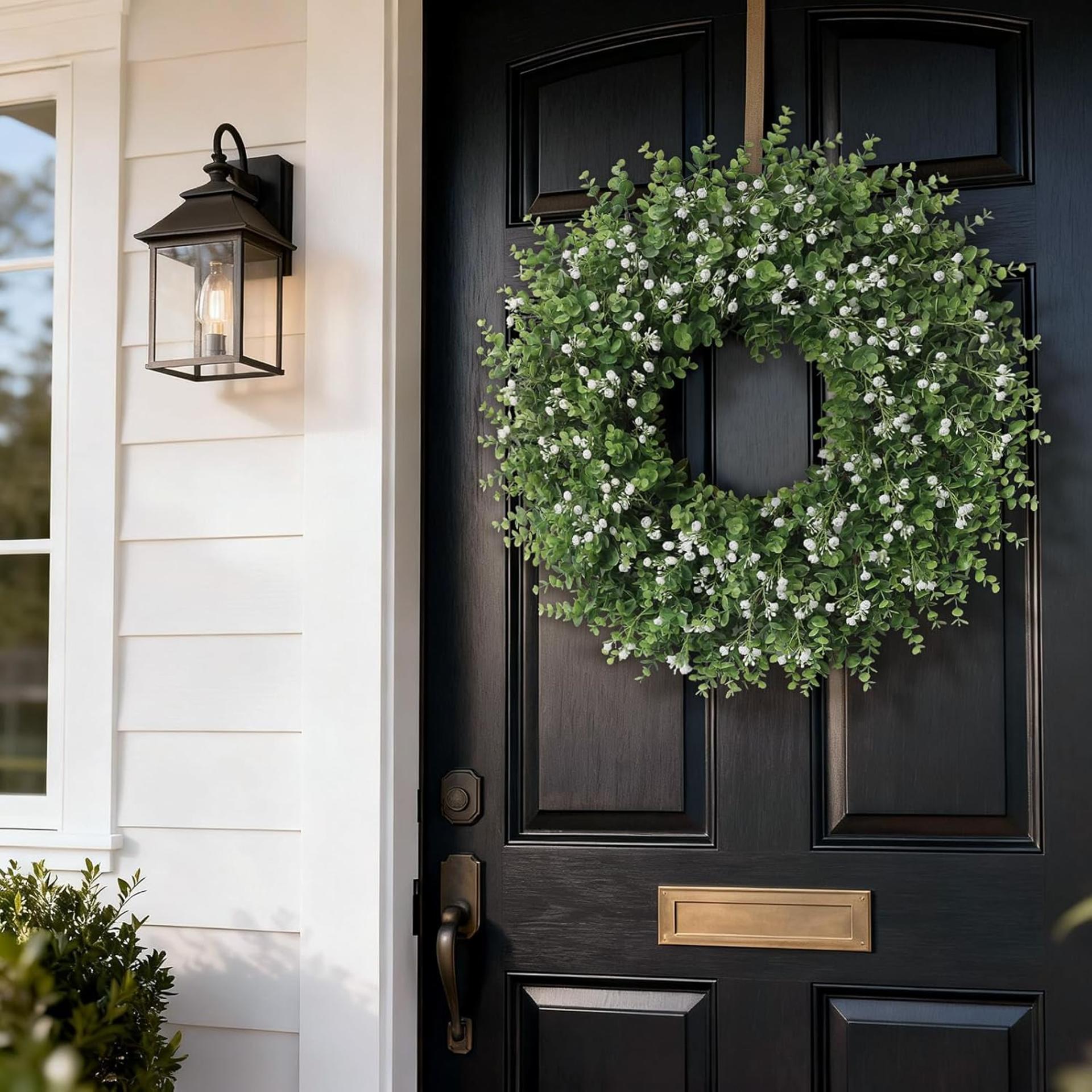 26" Artificial Eucalyptus Wreath with Baby's Breath for Front Door, Farmhouse Greenery Decor - 9