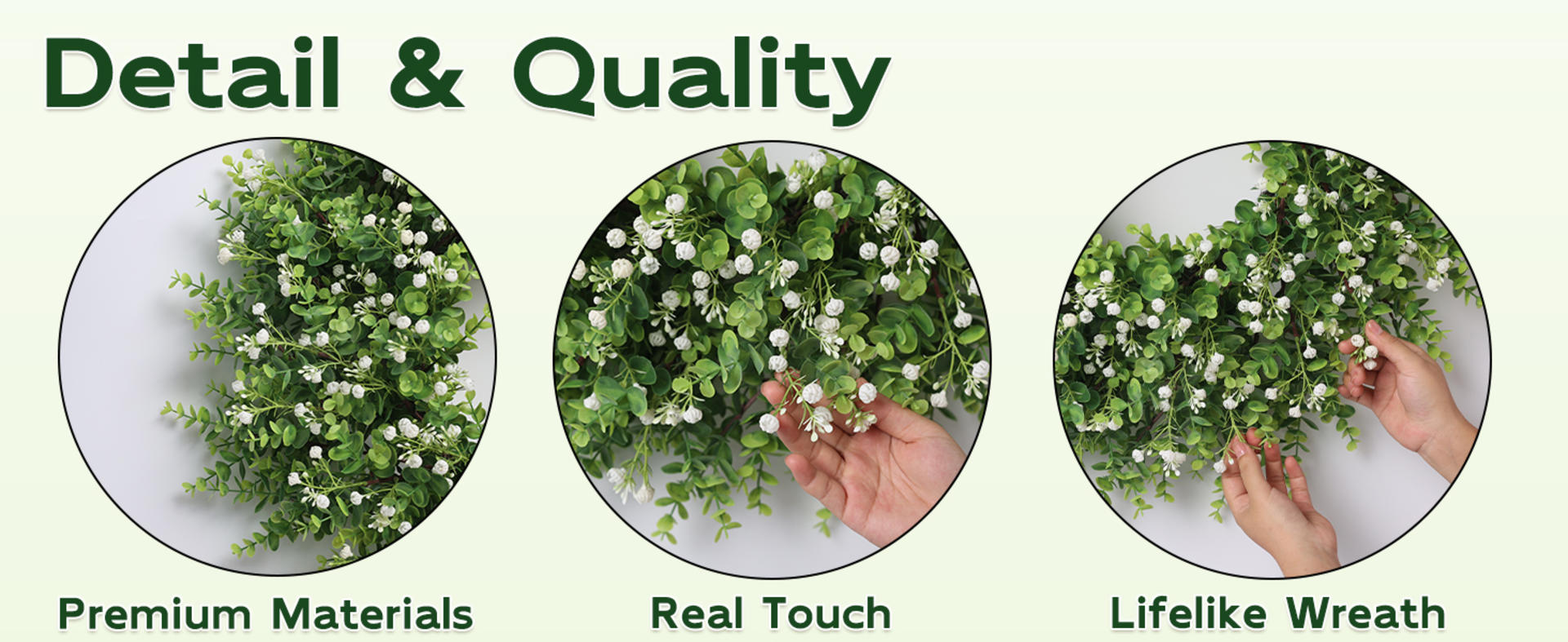 26" Artificial Eucalyptus Wreath with Baby's Breath for Front Door, Farmhouse Greenery Decor detail 3